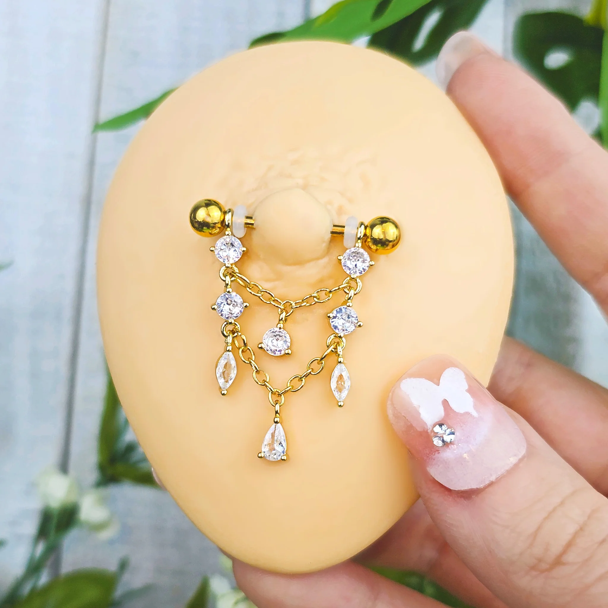 14G  9/16 Clear Gem Gold Tone Double Chain Dangle Nipple Ring Set - Image 2