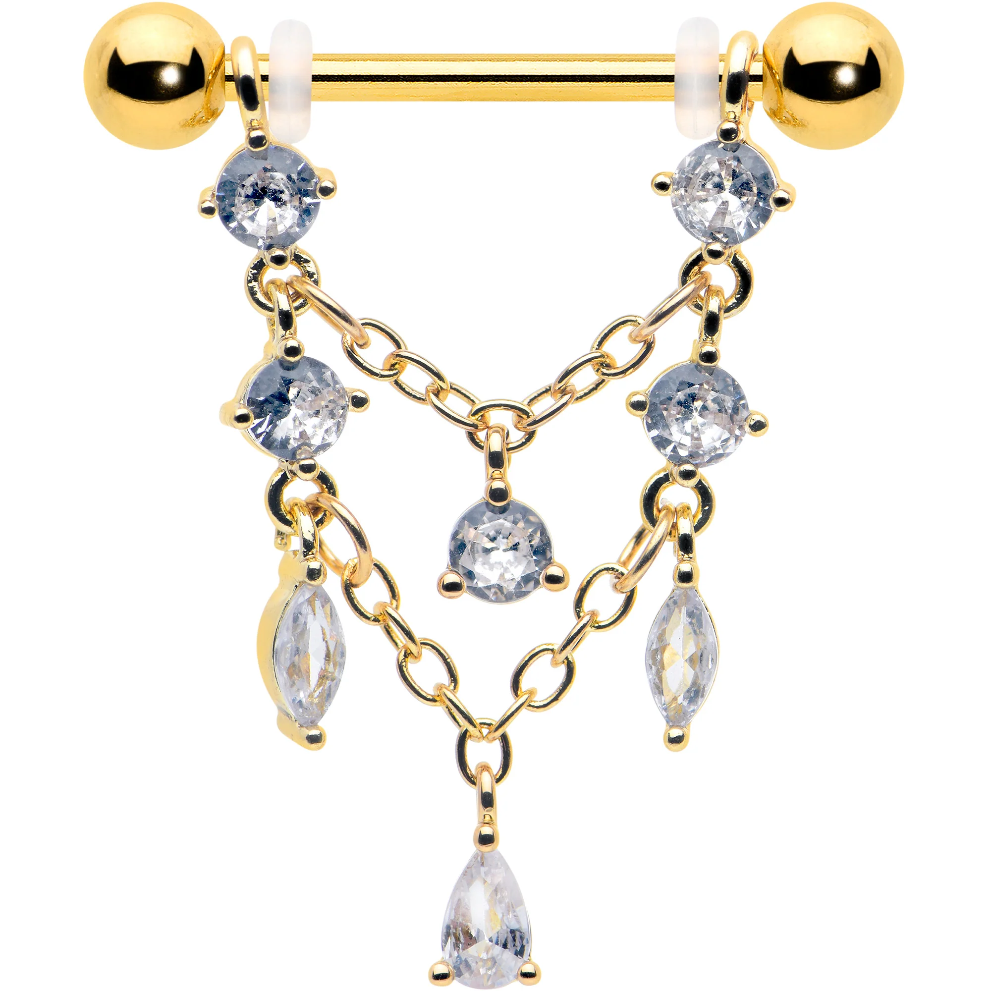 14G  9/16 Clear Gem Gold Tone Double Chain Dangle Nipple Ring Set - Image 3