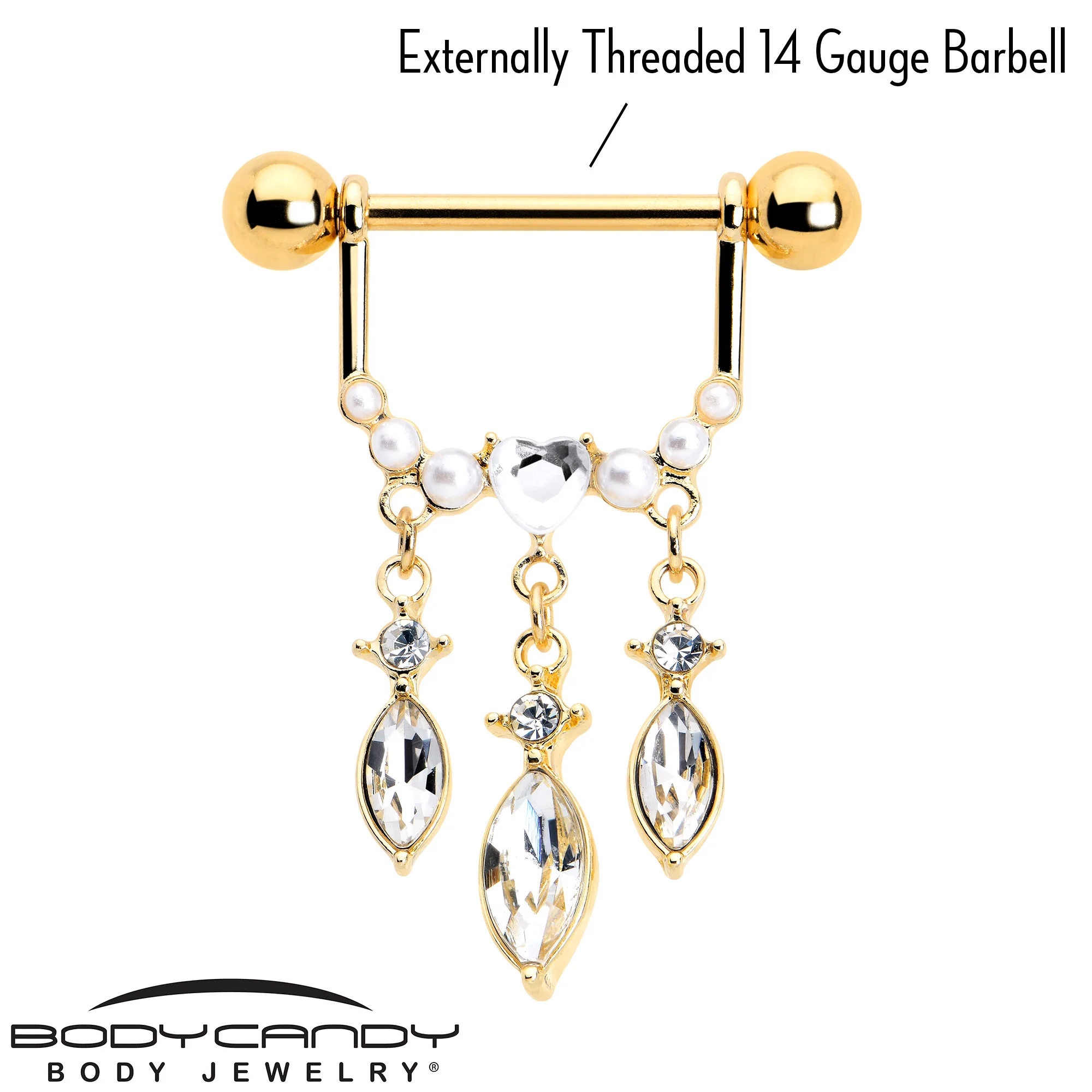 14G 9/16 Clear Gem Gold Tone Heart Triple Dangle Nipple Ring Set - Image 3