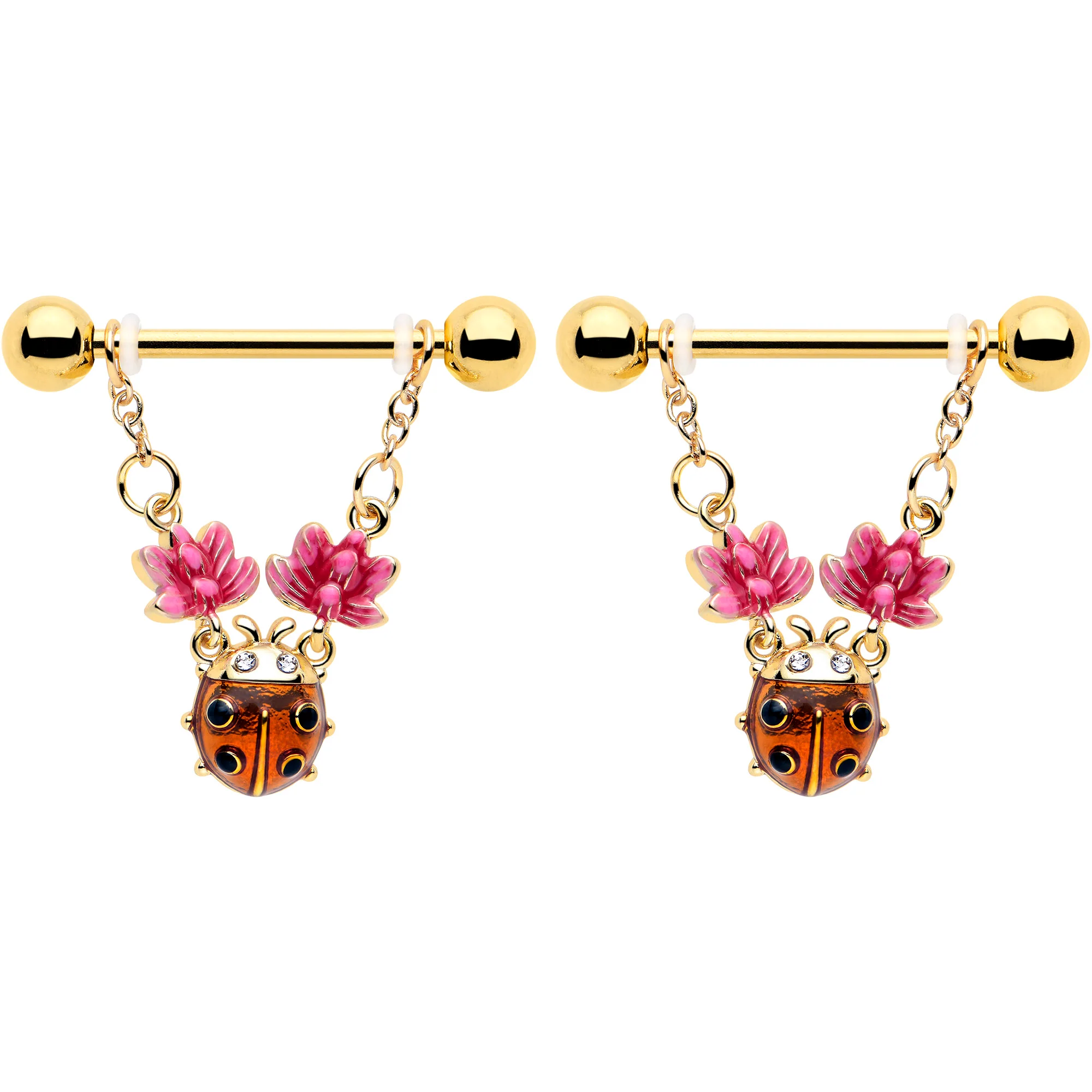 14G 9/16 Clear Gem Gold Tone ladybug Lotus Dangle Nipple Ring Set - Image 2