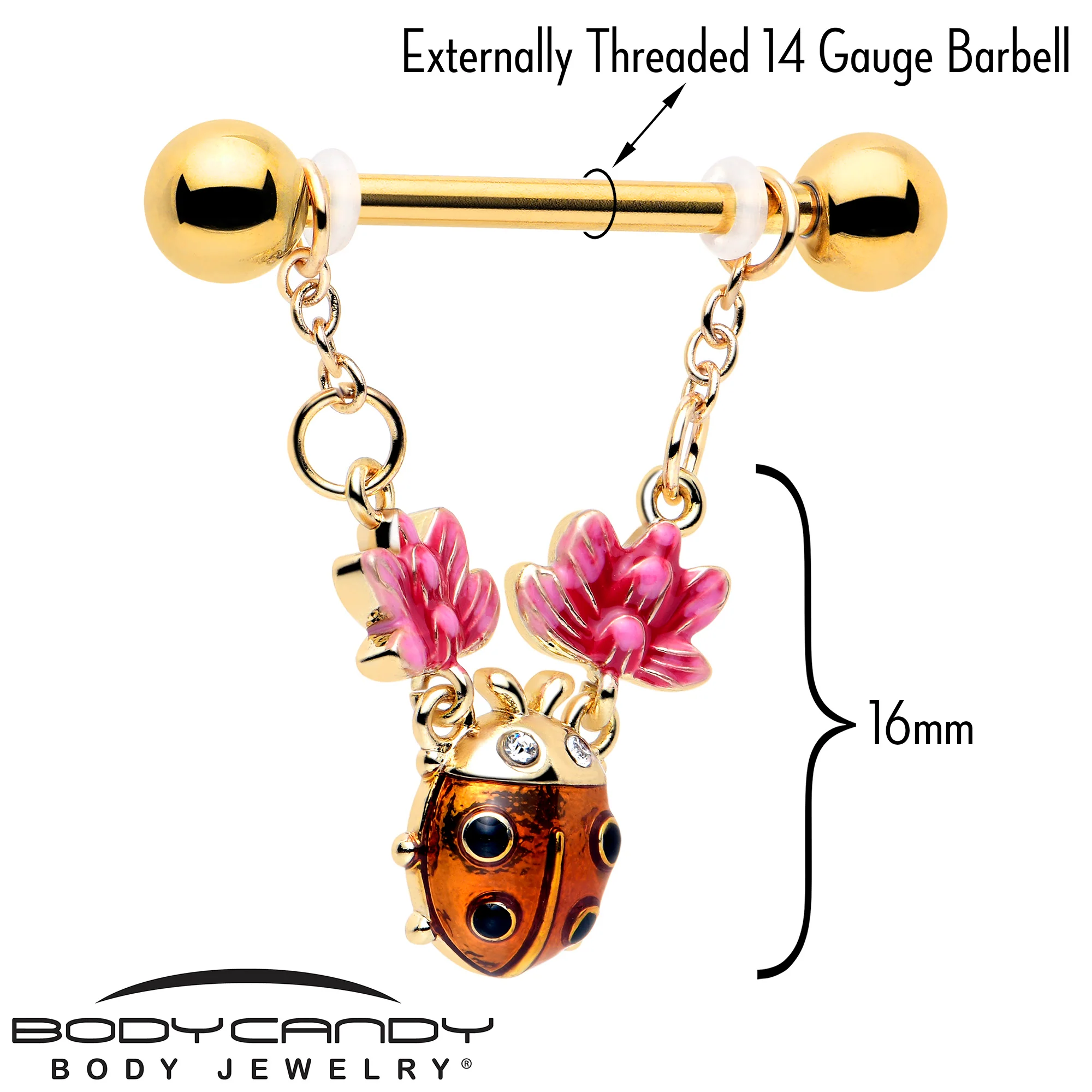 14G 9/16 Clear Gem Gold Tone ladybug Lotus Dangle Nipple Ring Set - Image 3