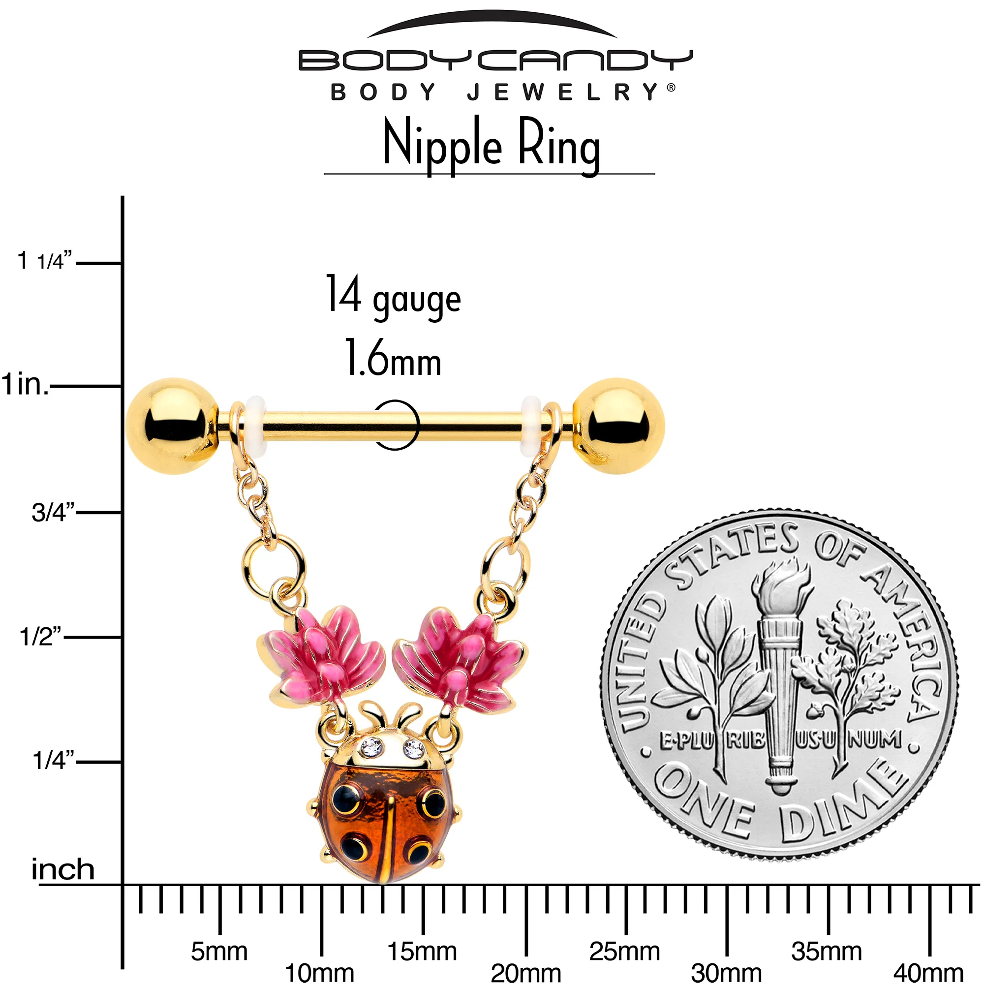 14G 9/16 Clear Gem Gold Tone ladybug Lotus Dangle Nipple Ring Set - Image 4