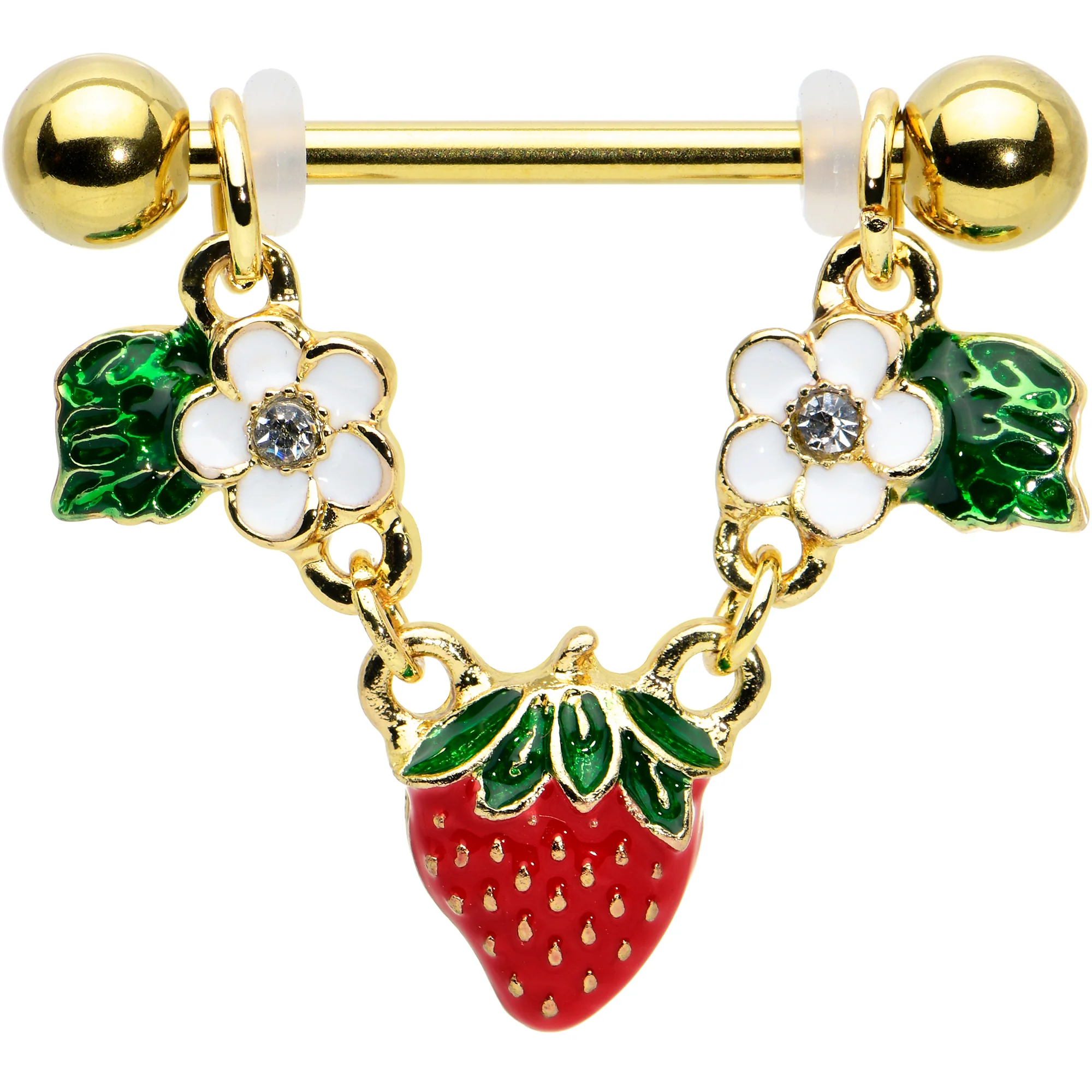 14G 9/16 Clear Gem Gold Tone Strawberry Dangle Nipple Ring Set - Image 2