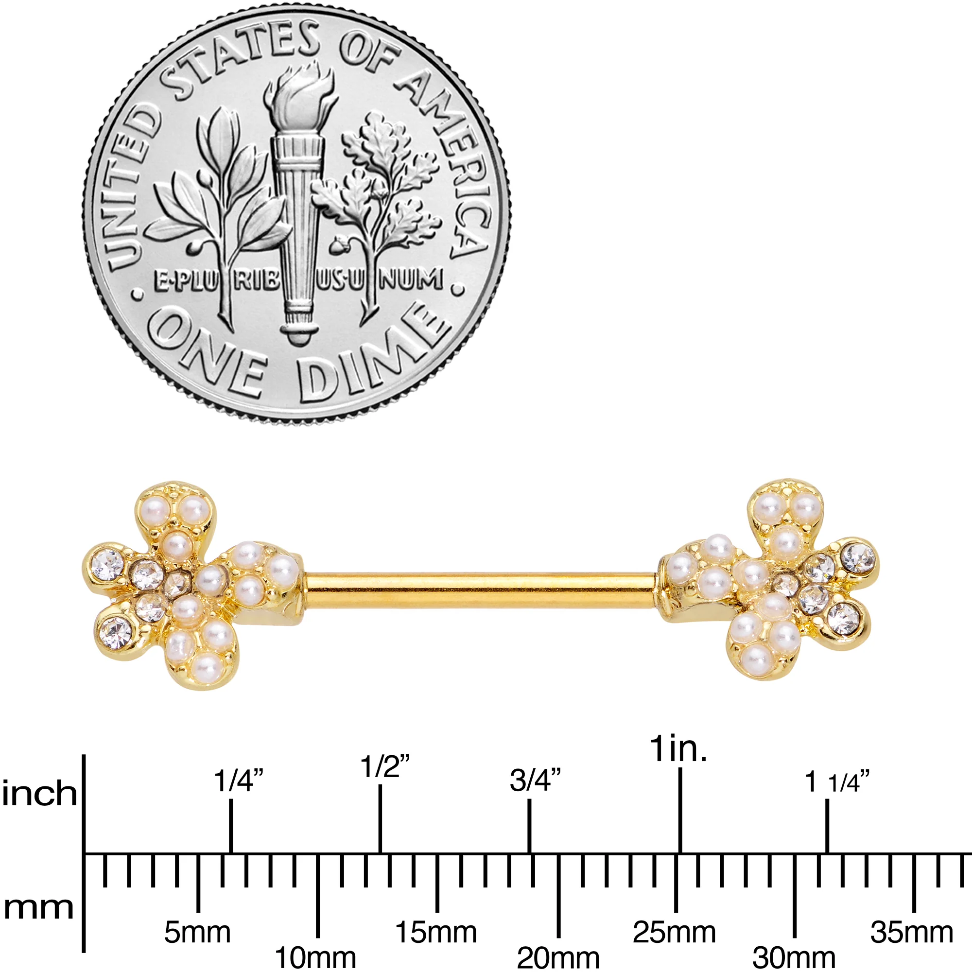 14G 9/16 Clear Gem Gold Tone Style Splat Barbell Nipple Ring Set - Image 3