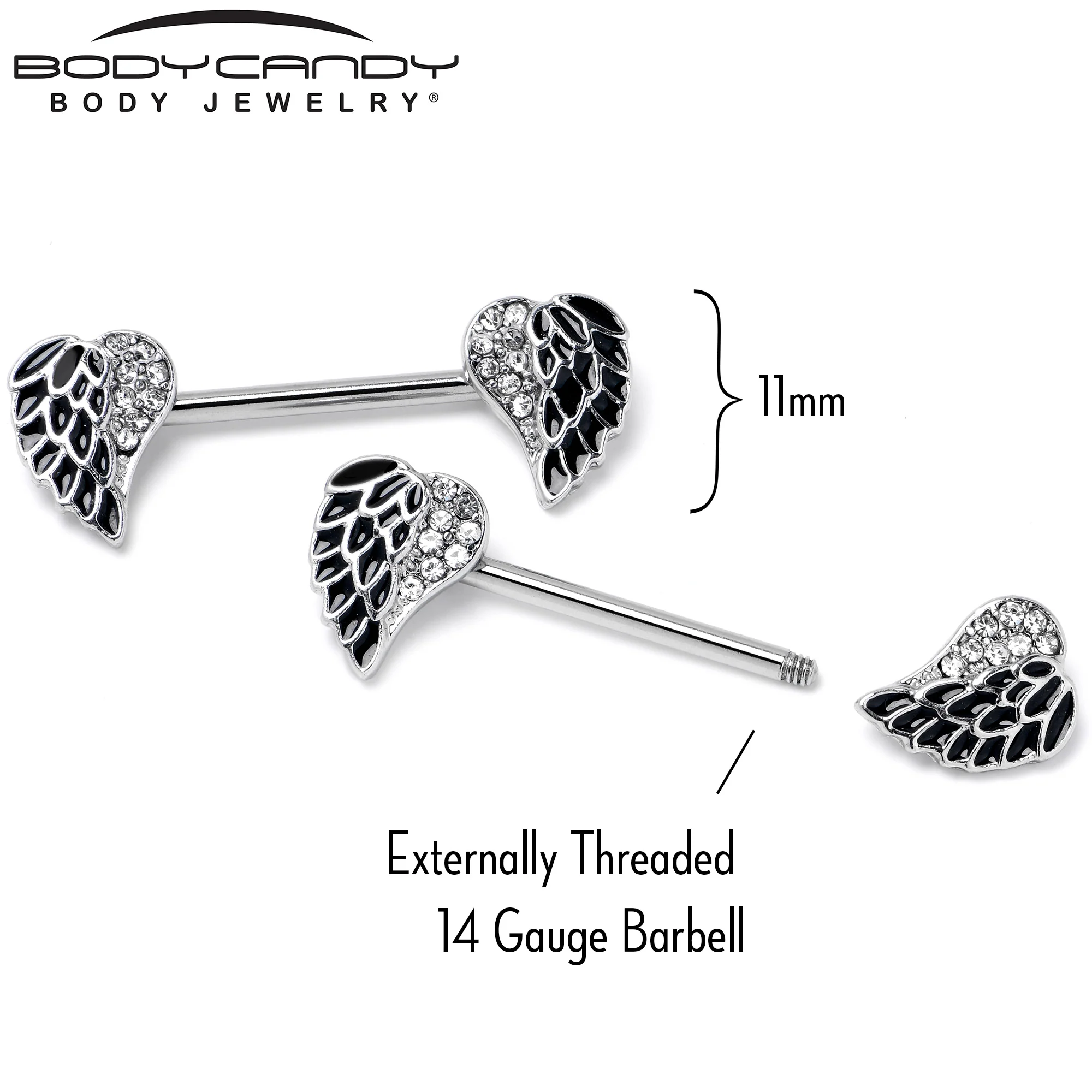 14G 9/16 Clear Gem Heavenly Heart Angel Wing Black Nipple Ring Set - Image 5