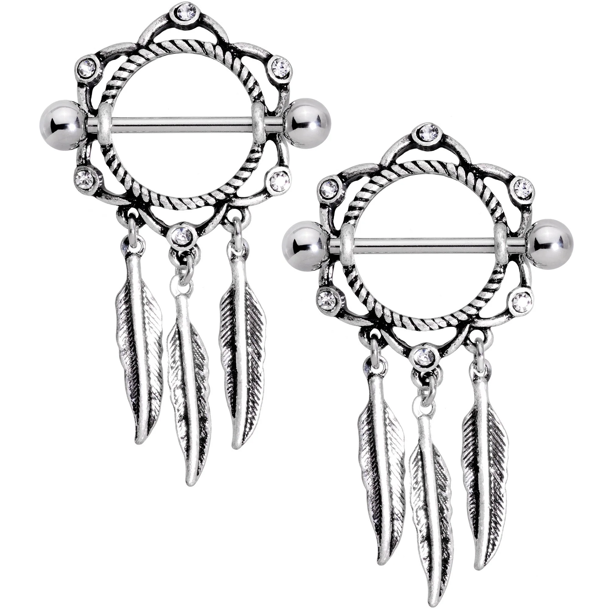 14G 9/16 Clear Gem Lotus Flower Feather Dangle Nipple Shield Set