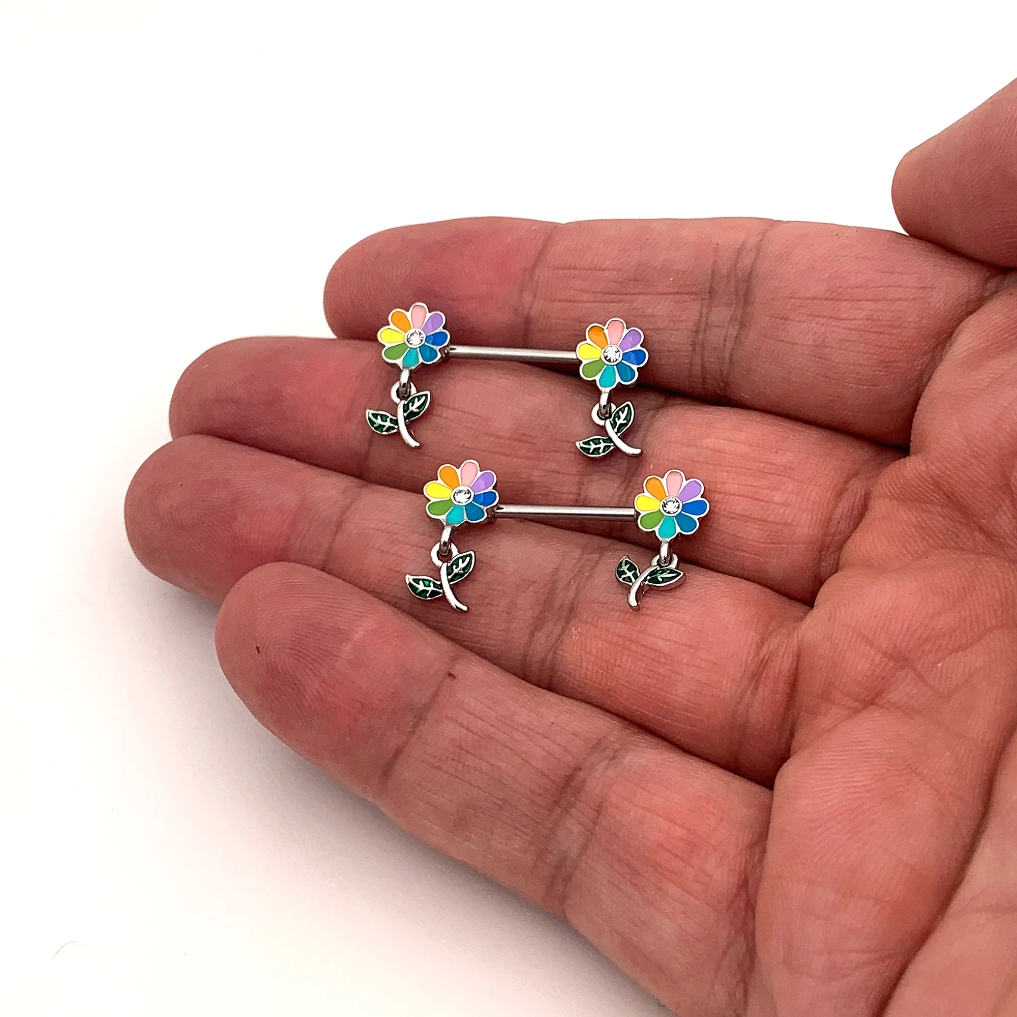14G 9/16 Clear Gem Pride Rainbow Flower Dangle Nipple Ring Set - Image 4