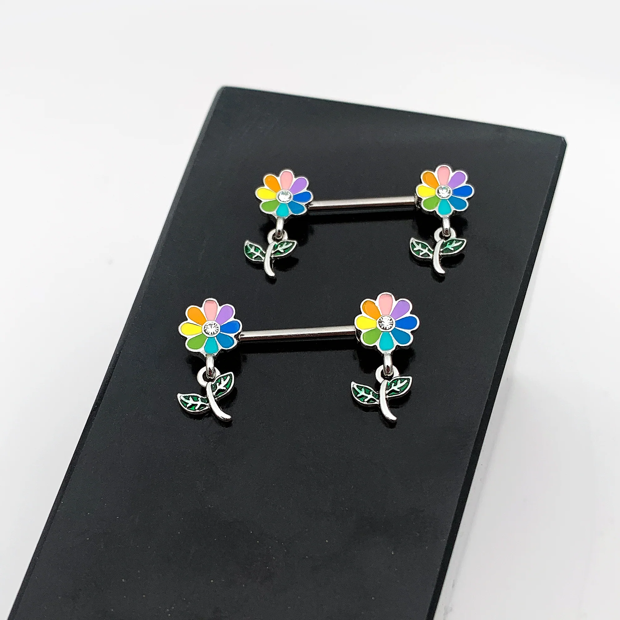 14G 9/16 Clear Gem Pride Rainbow Flower Dangle Nipple Ring Set - Image 7