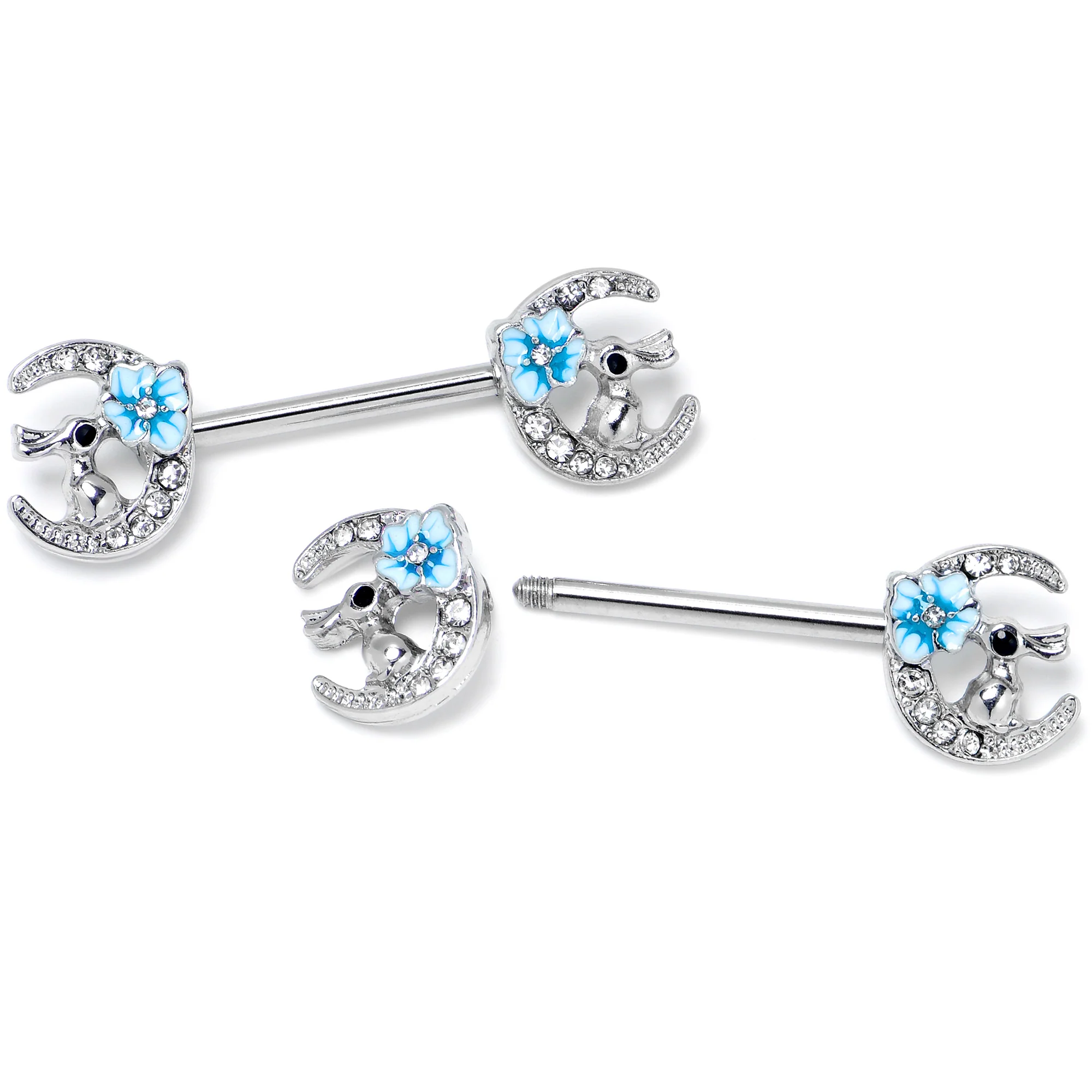 14G 9/16 Clear Gem Rabbit On Moon Flower Blue Nipple Ring Set - Image 5