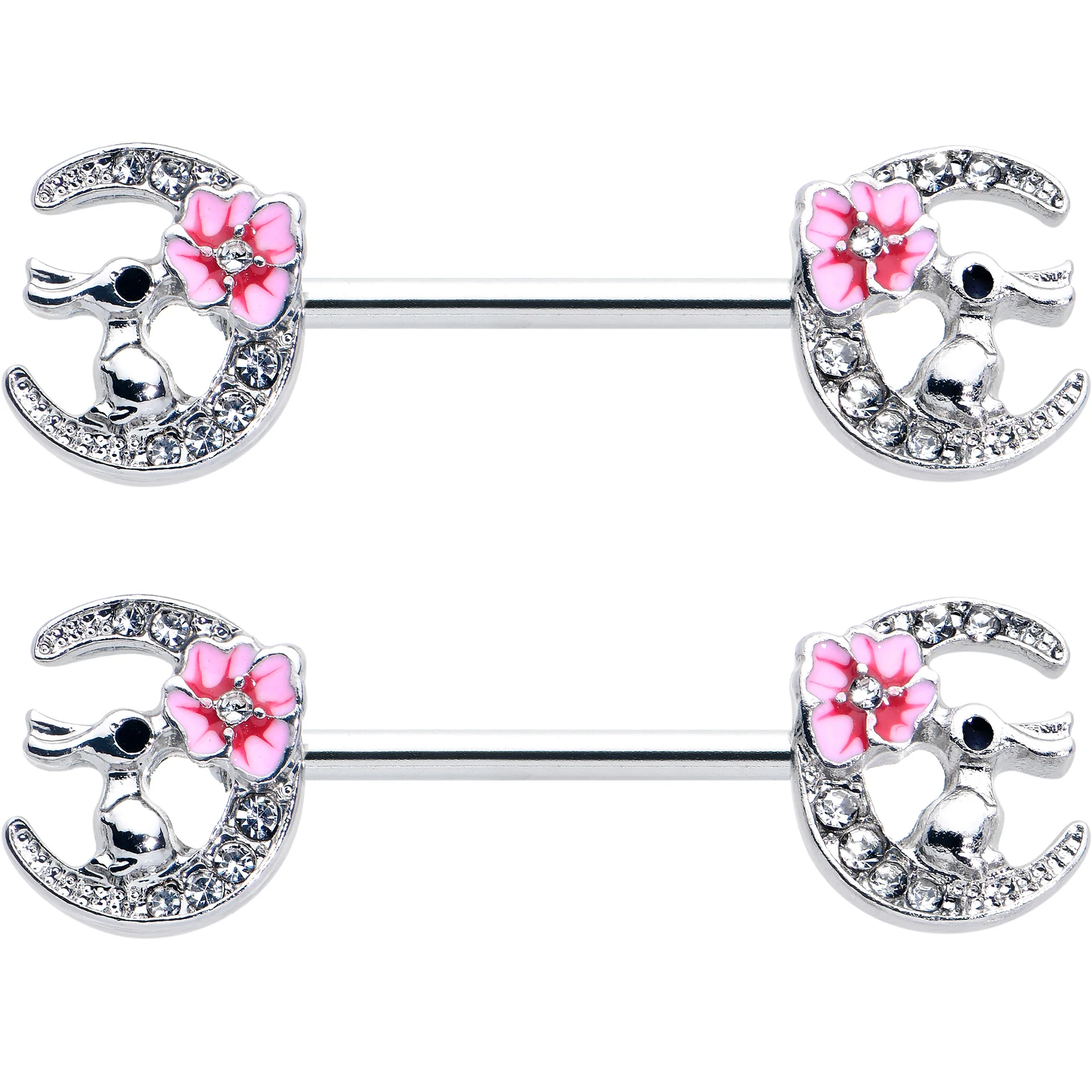 14G 9/16 Clear Gem Rabbit On Moon Flower Pink Nipple Ring Set - Image 2