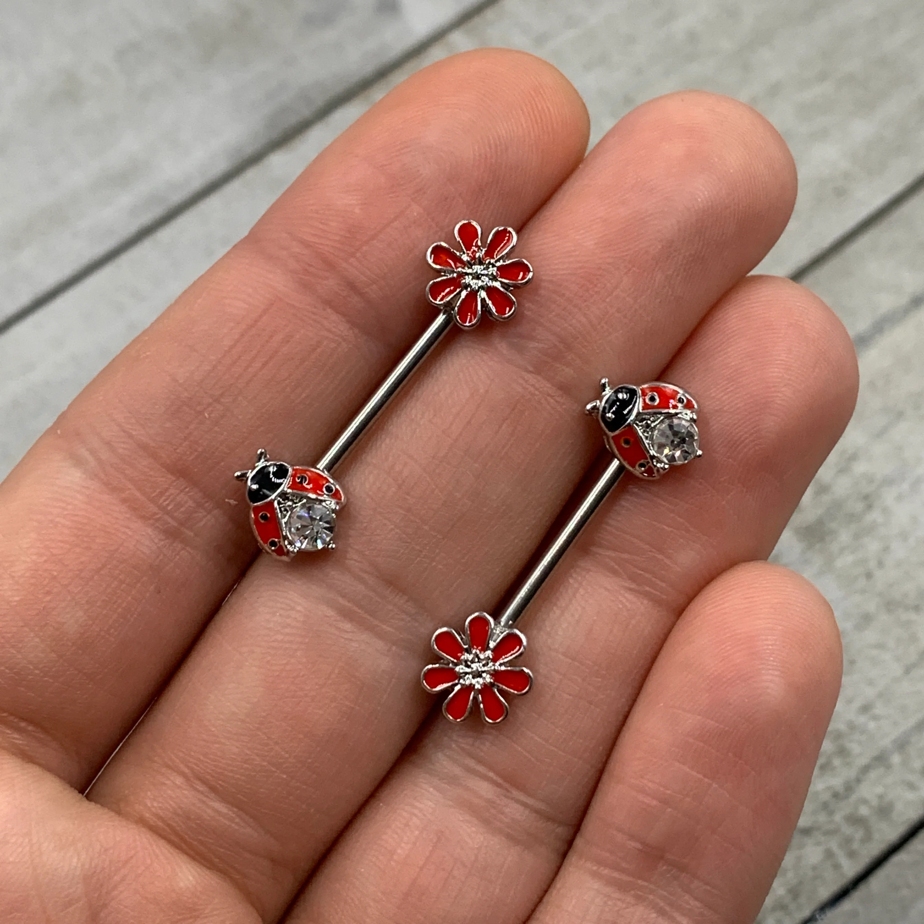 14G 9/16 Clear Gem Red Ladybug Flower Barbell Nipple Ring Set - Image 2