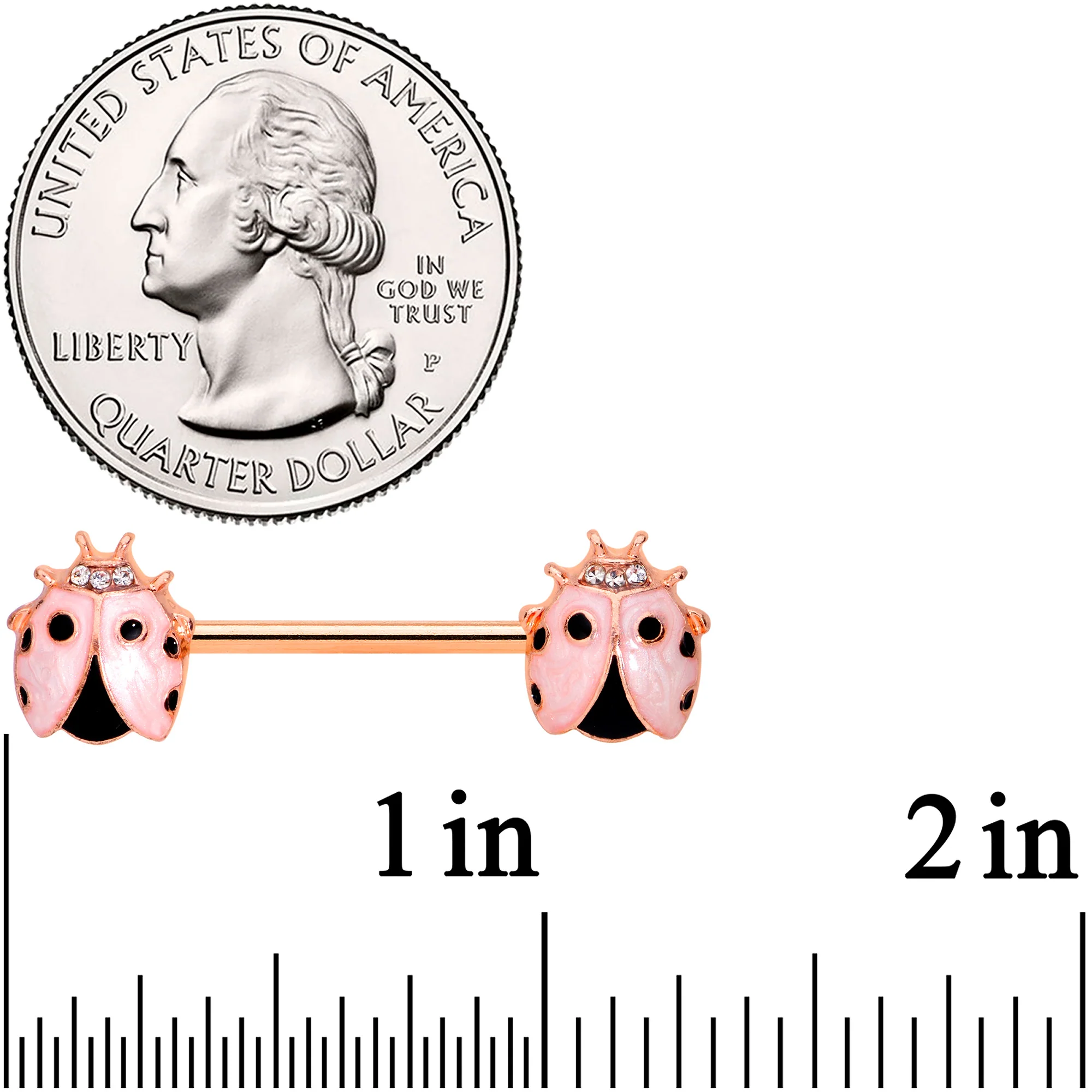 14G 9/16 Clear Gem Rose Gold Tone Lil Ladybug Nipple Ring Set - Image 2