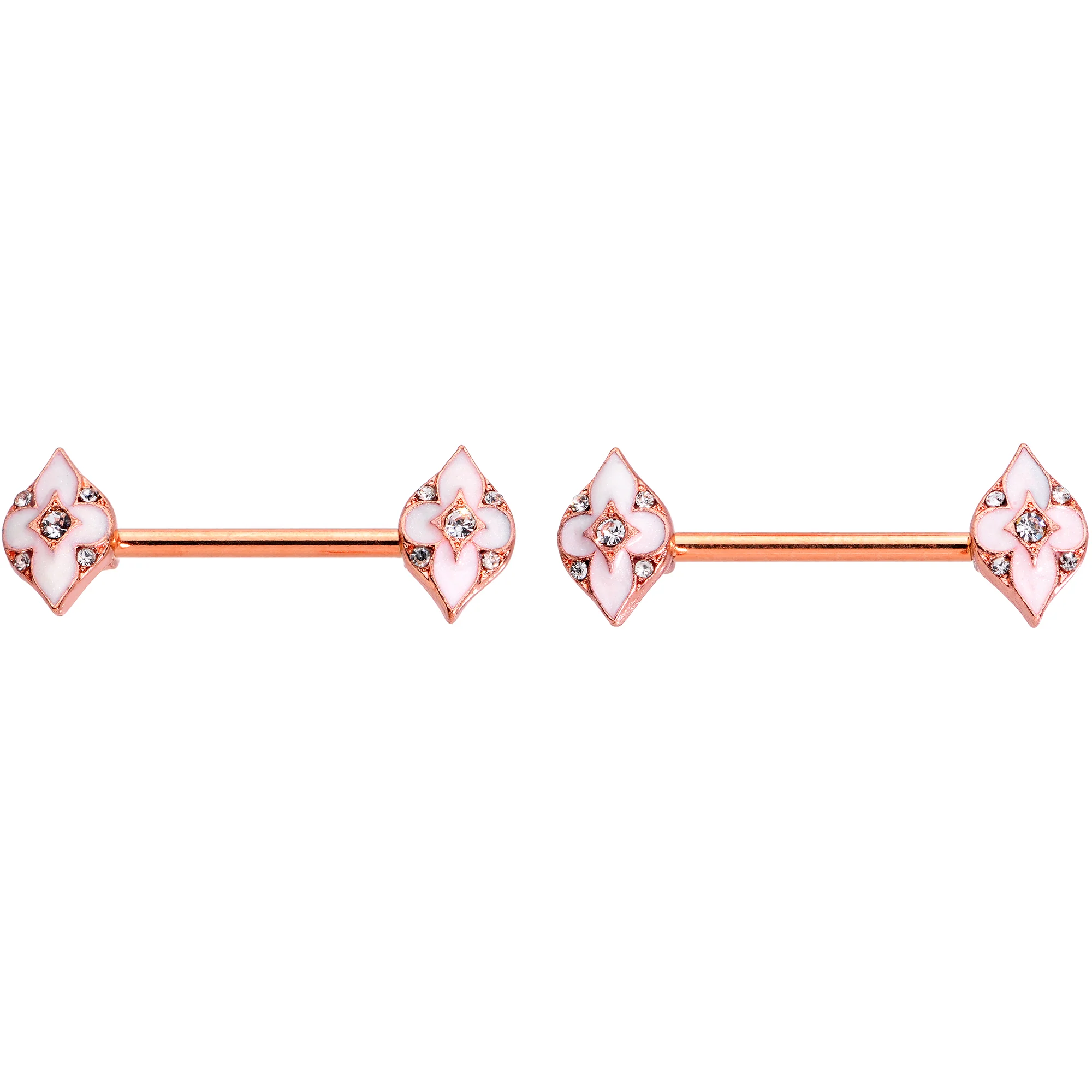 14G 9/16 Clear Gem Rose Gold Tone Pink Cross Nipple Ring Set - Image 3