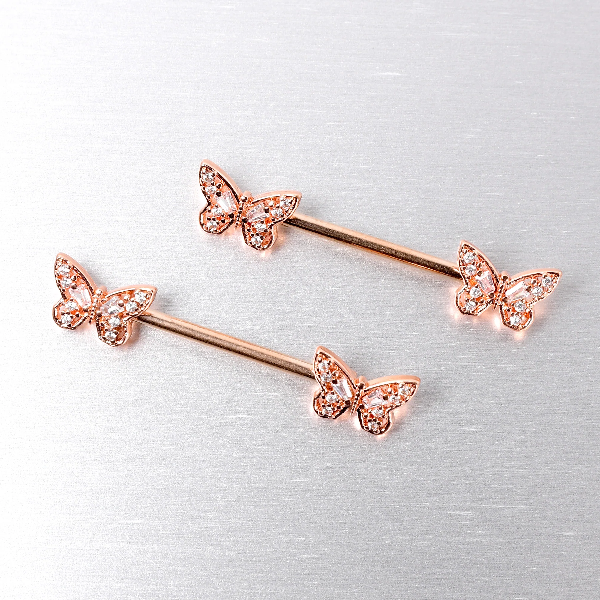 14G 9/16 Clear Gem Rosy Tone Baroque Butterfly Nipple Ring Set - Image 4