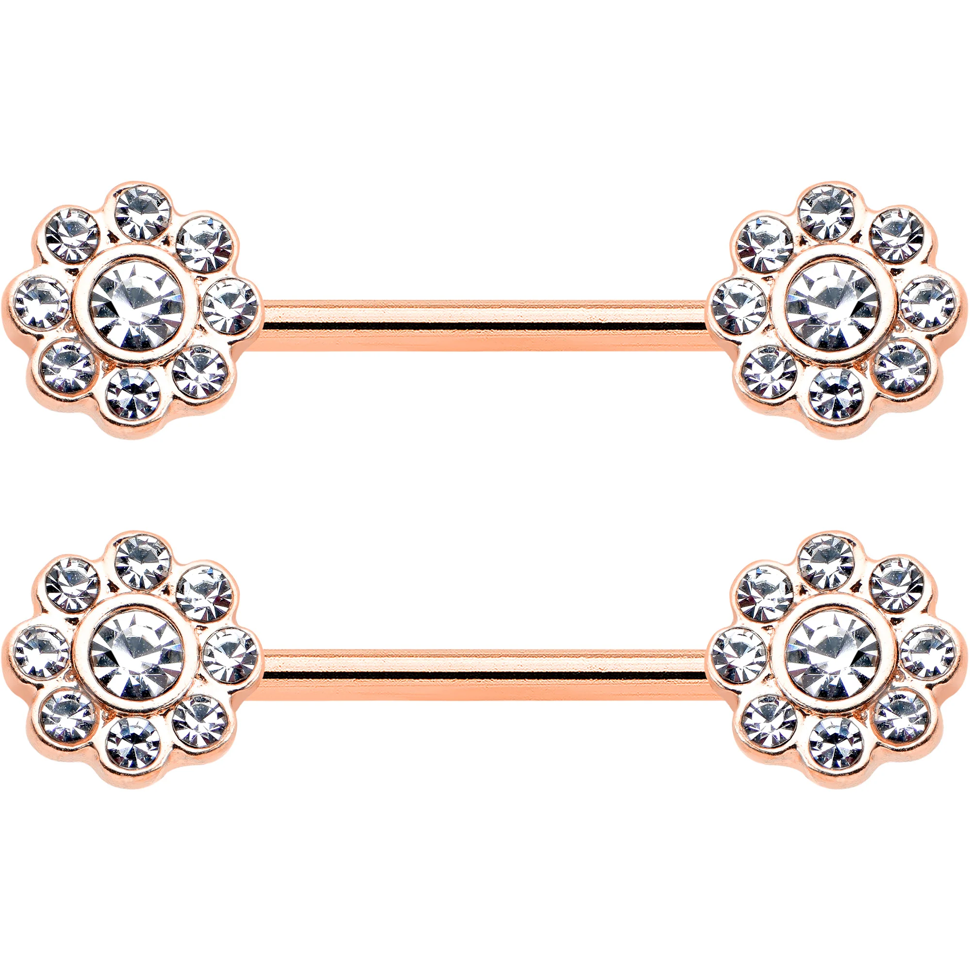 14G 9/16 Clear Gem Rosy Tone Whimsy Flower Barbell Nipple Ring Set - Image 2