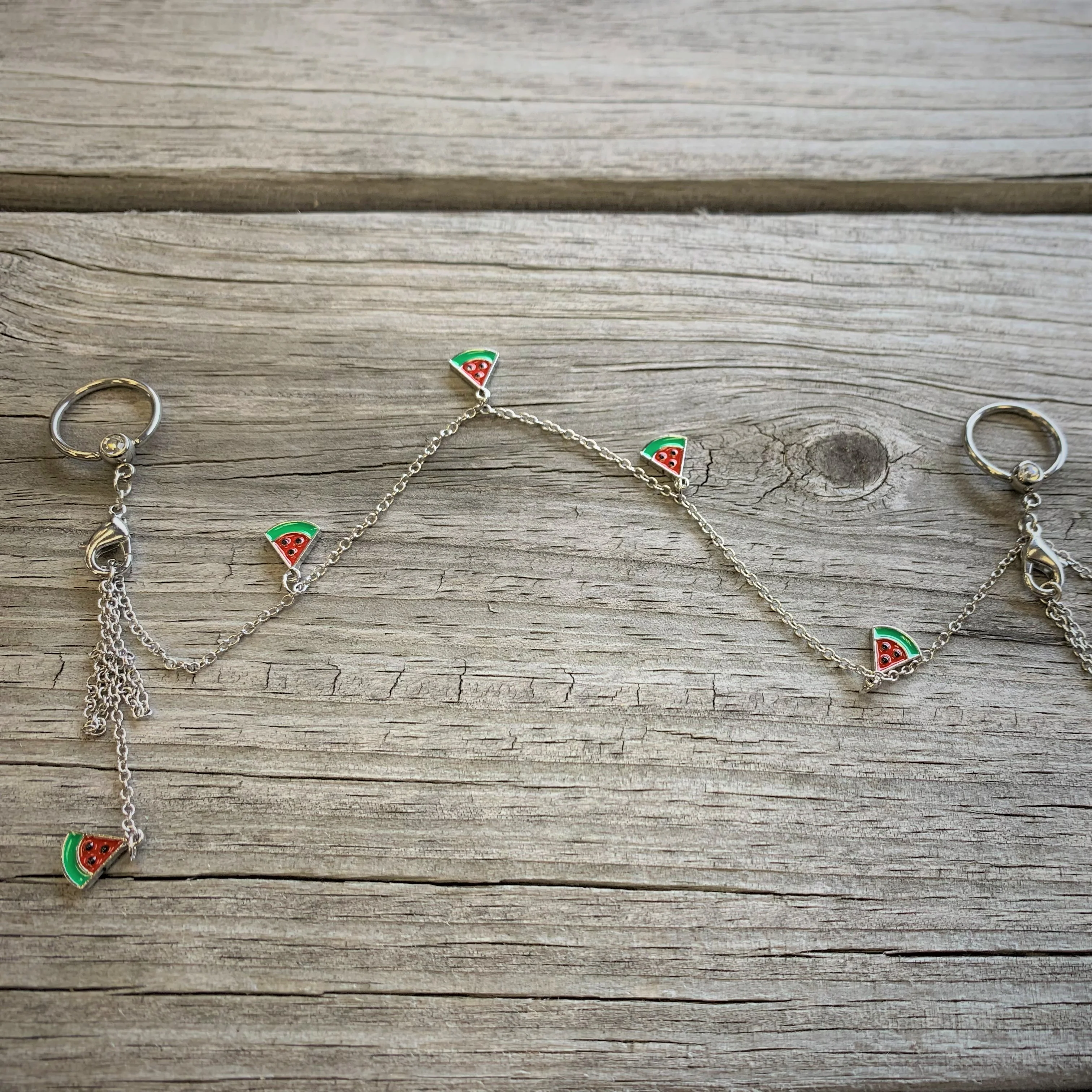 14G 9/16 Clear Gem Watermelon Captive Ring Dangle Nipple Chain - Image 2