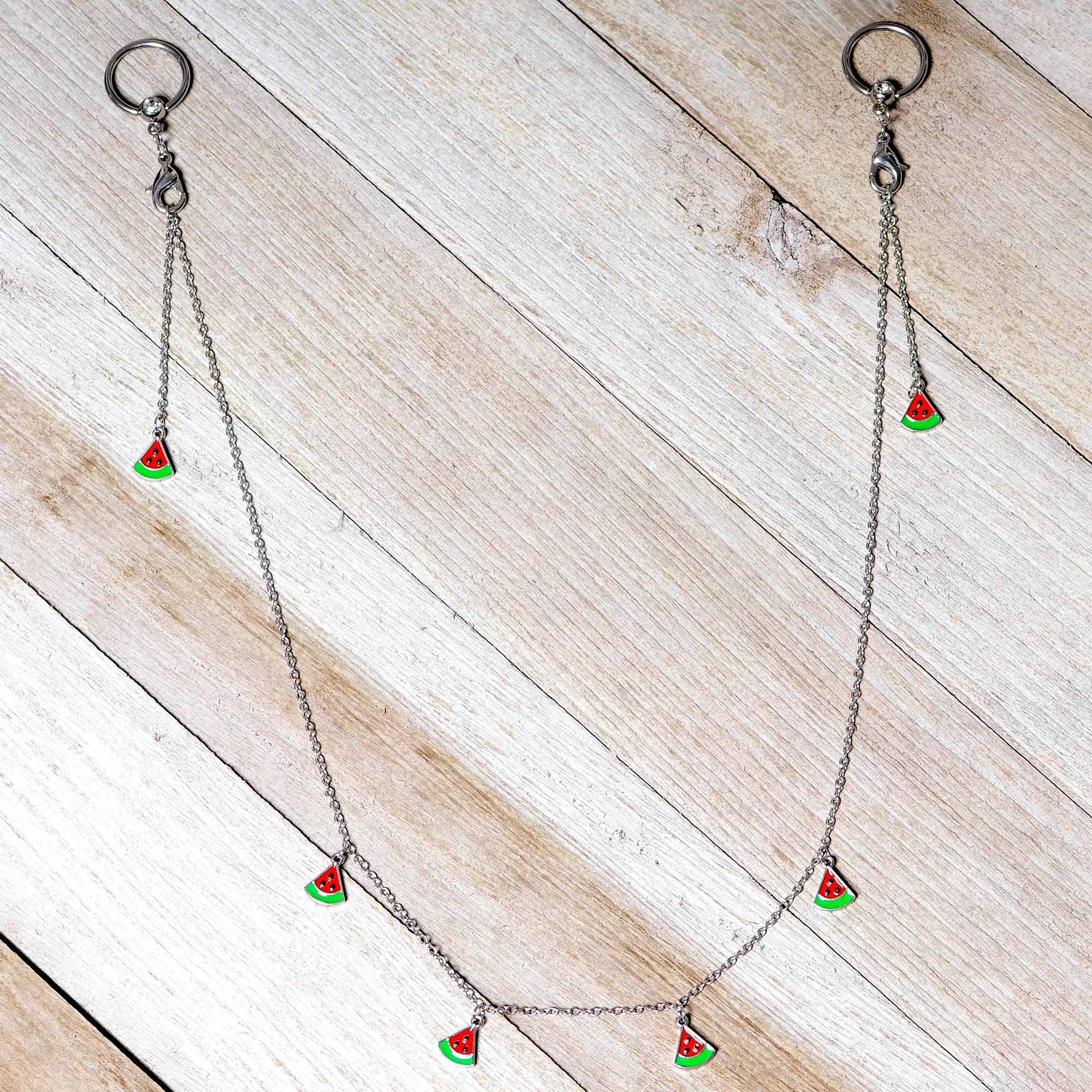 14G 9/16 Clear Gem Watermelon Captive Ring Dangle Nipple Chain - Image 6