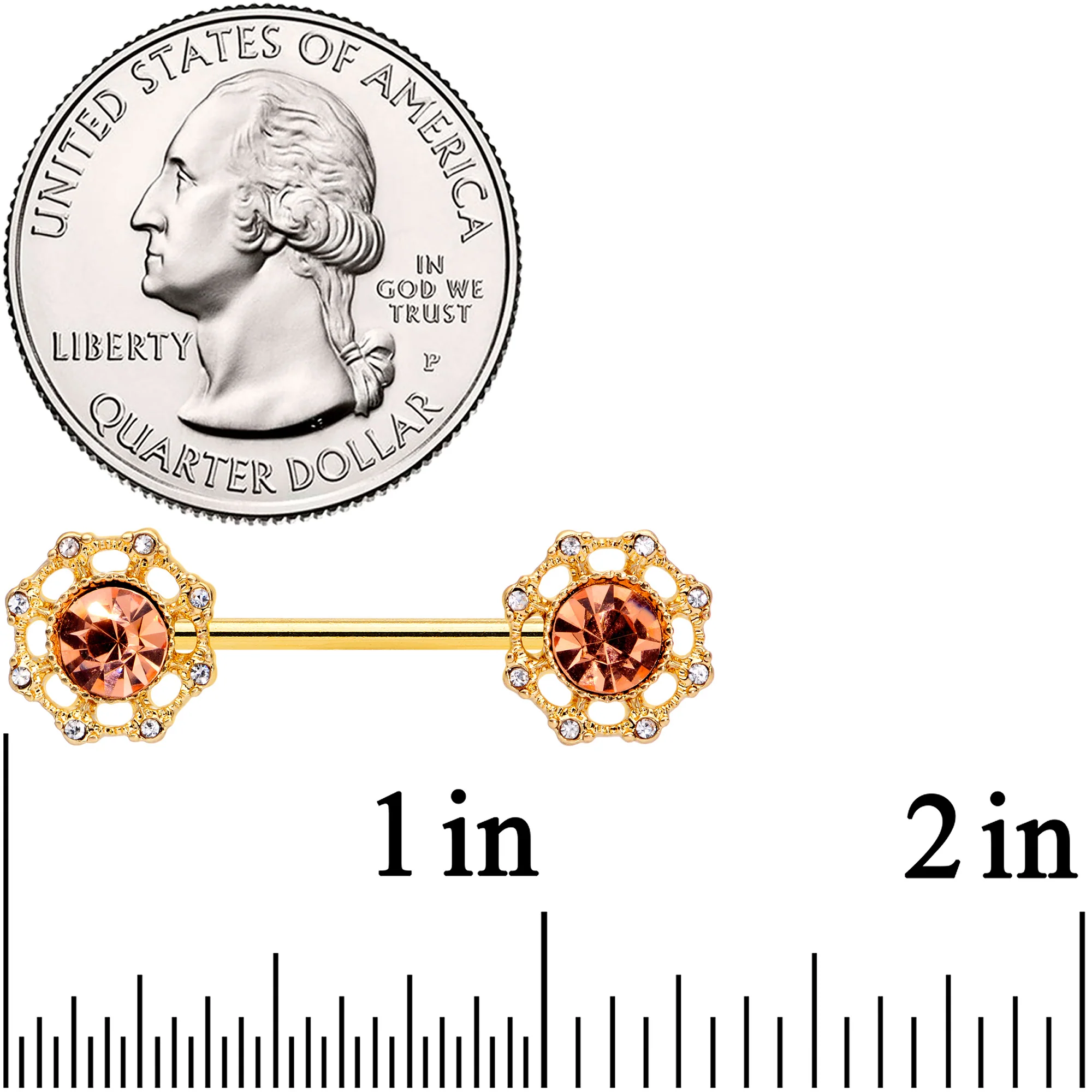 14G 9/16 Clear Pink CZ Gem Gold Tone Sunburst Nipple Ring Set - Image 2