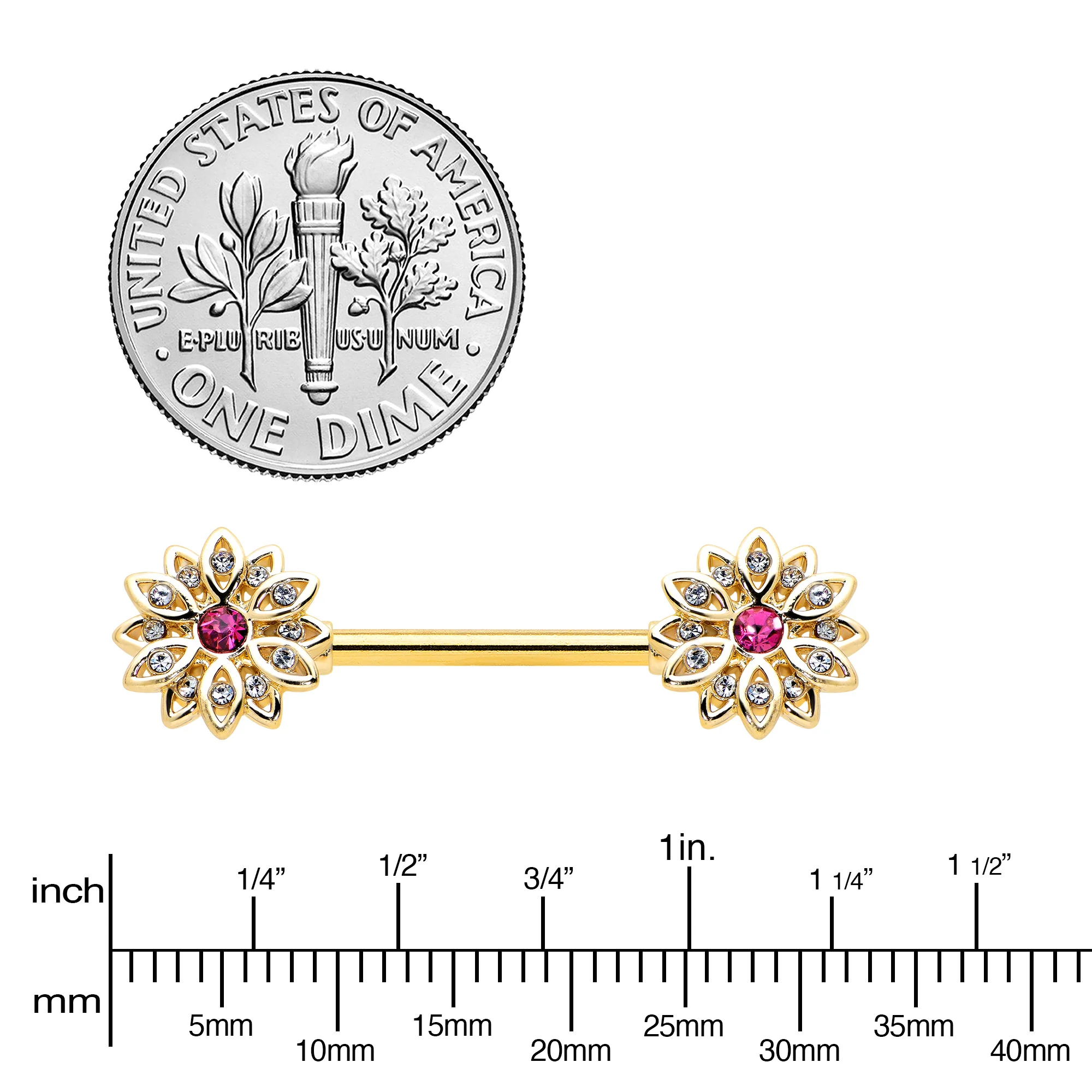 14G 9/16 Clear Pink Gem Gold Tone Starry Flower Nipple Ring Set - Image 3