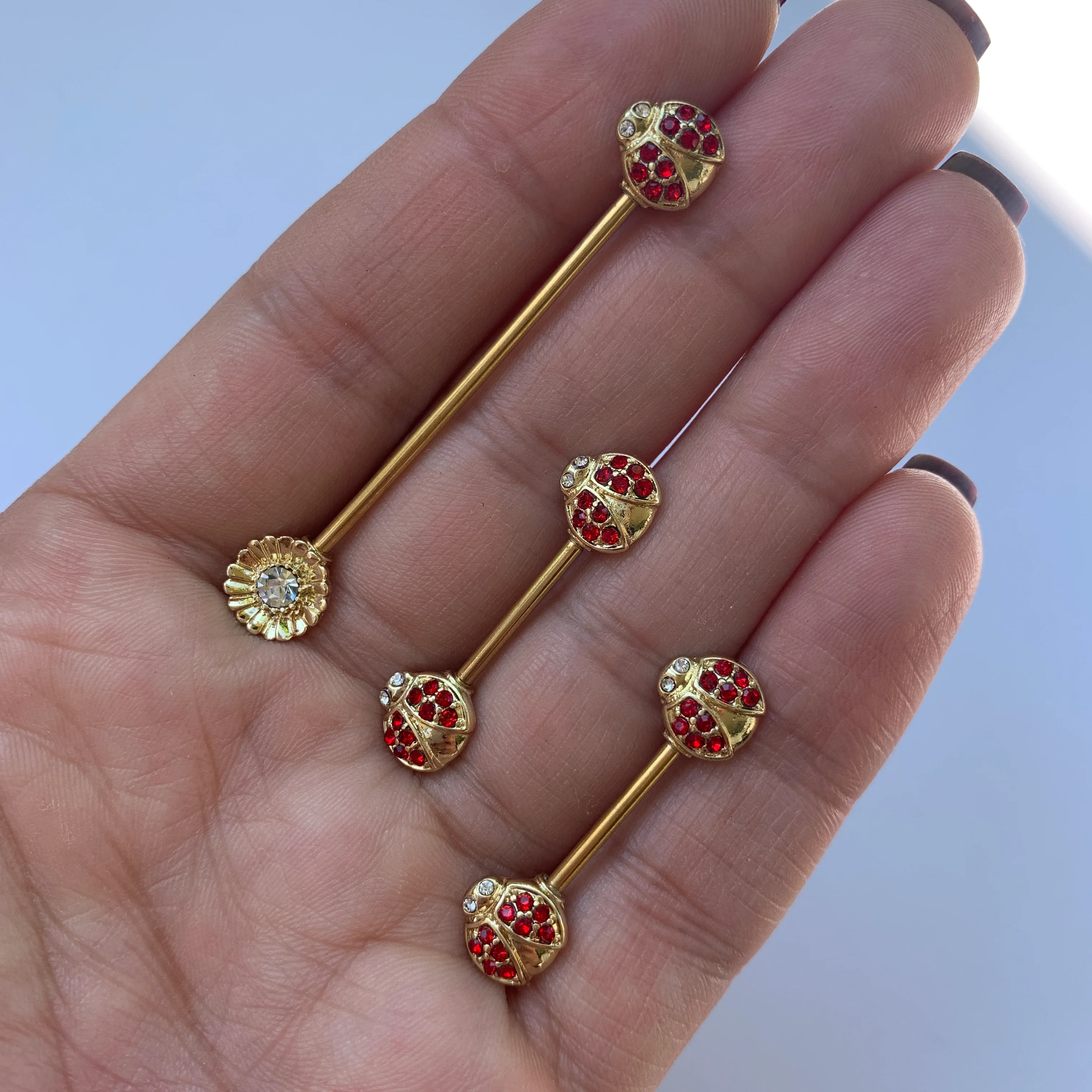 14G 9/16 Clear Red Gem Gold Tone Ladybug Barbell Nipple Ring Set - Image 3