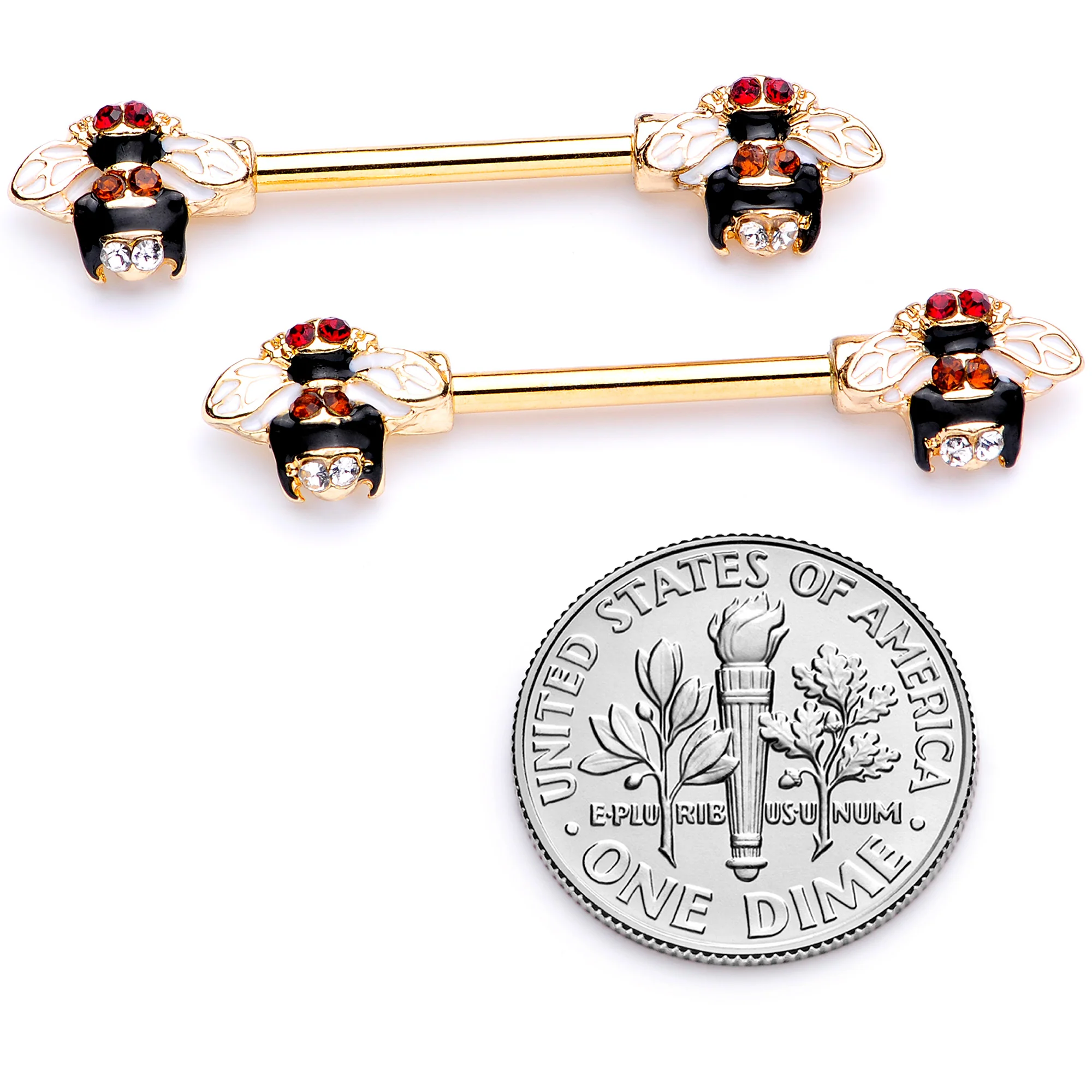 14G 9/16 Clear Yellow Gem Gold Tone Bee Barbell Nipple Ring Set - Image 4
