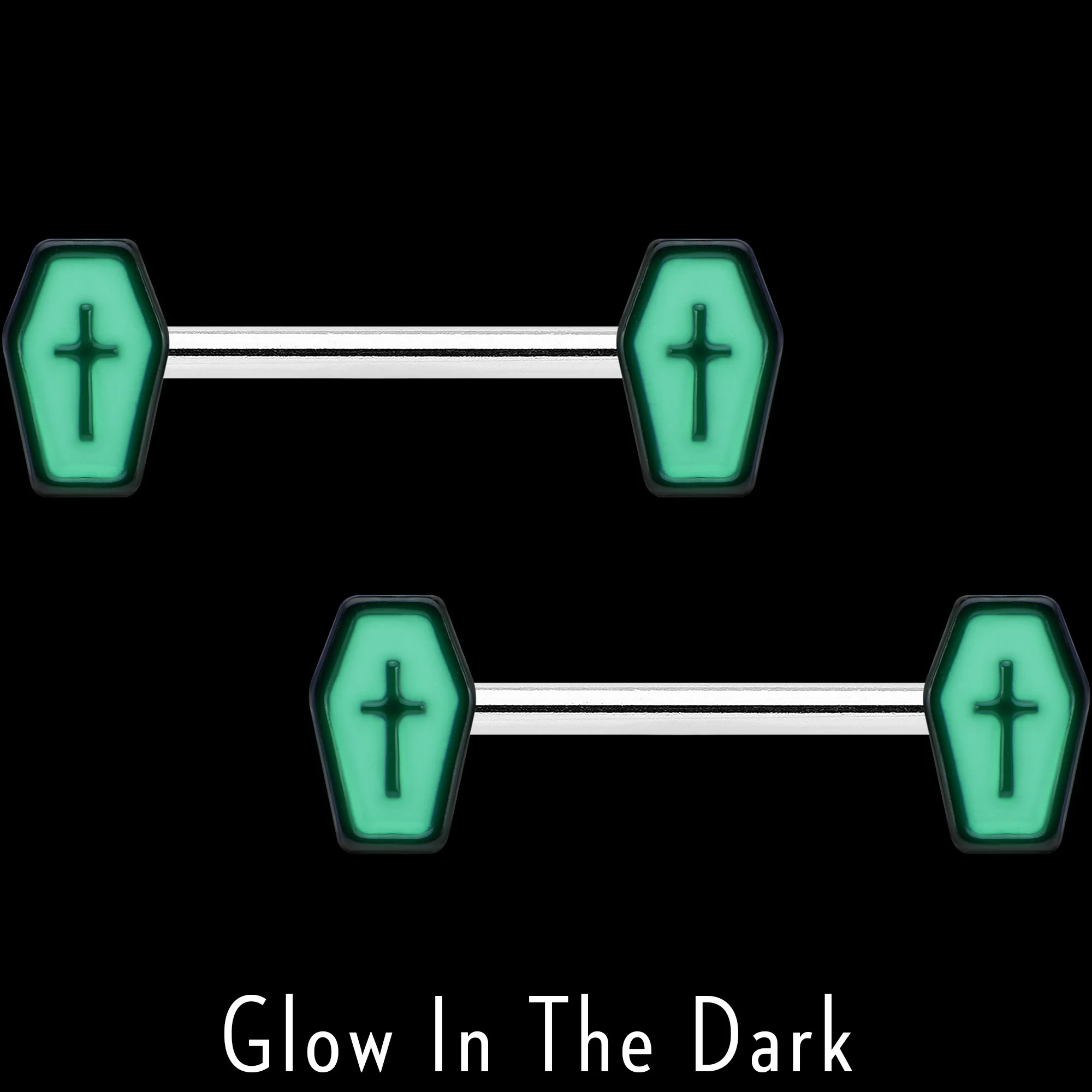 14G 9/16 Creepy Coffin Lt Purple Glow in the Dark Nipple Ring Set - Image 3