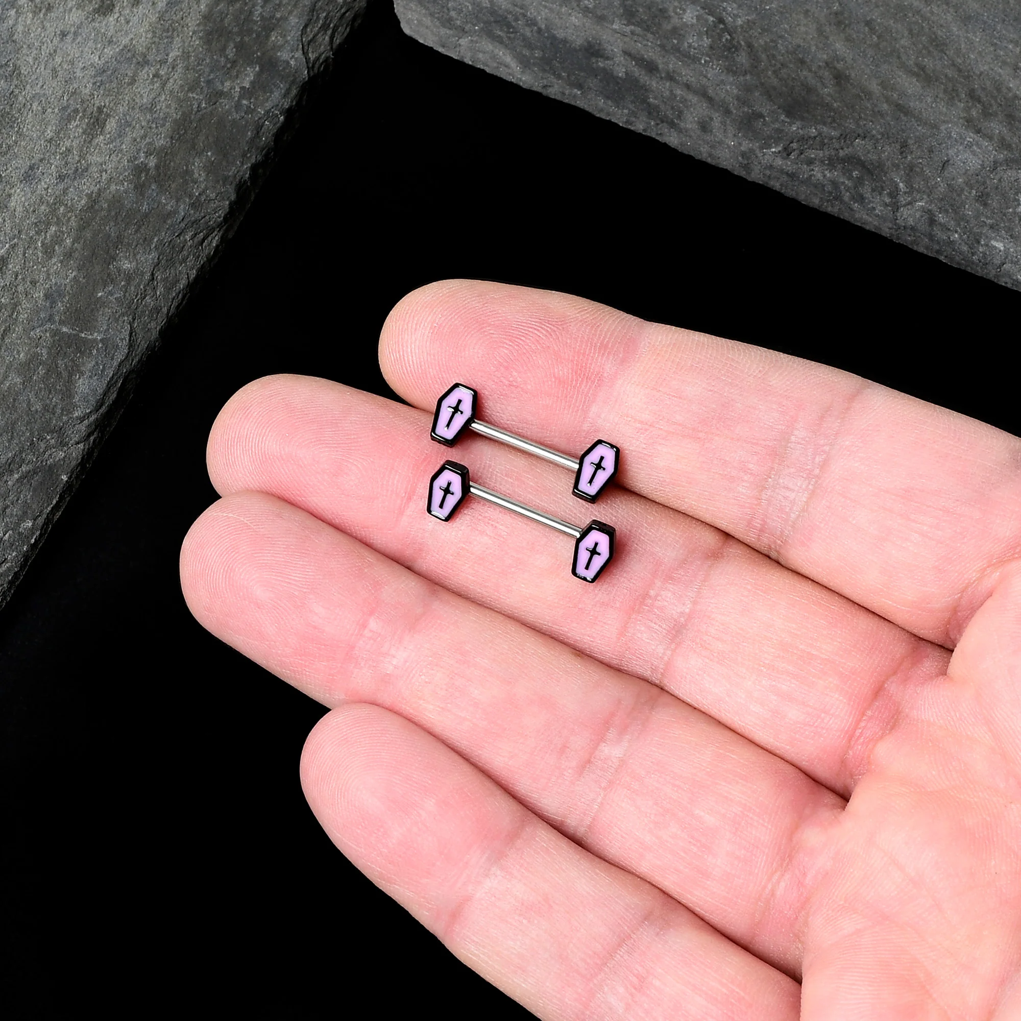 14G 9/16 Creepy Coffin Lt Purple Glow in the Dark Nipple Ring Set - Image 7