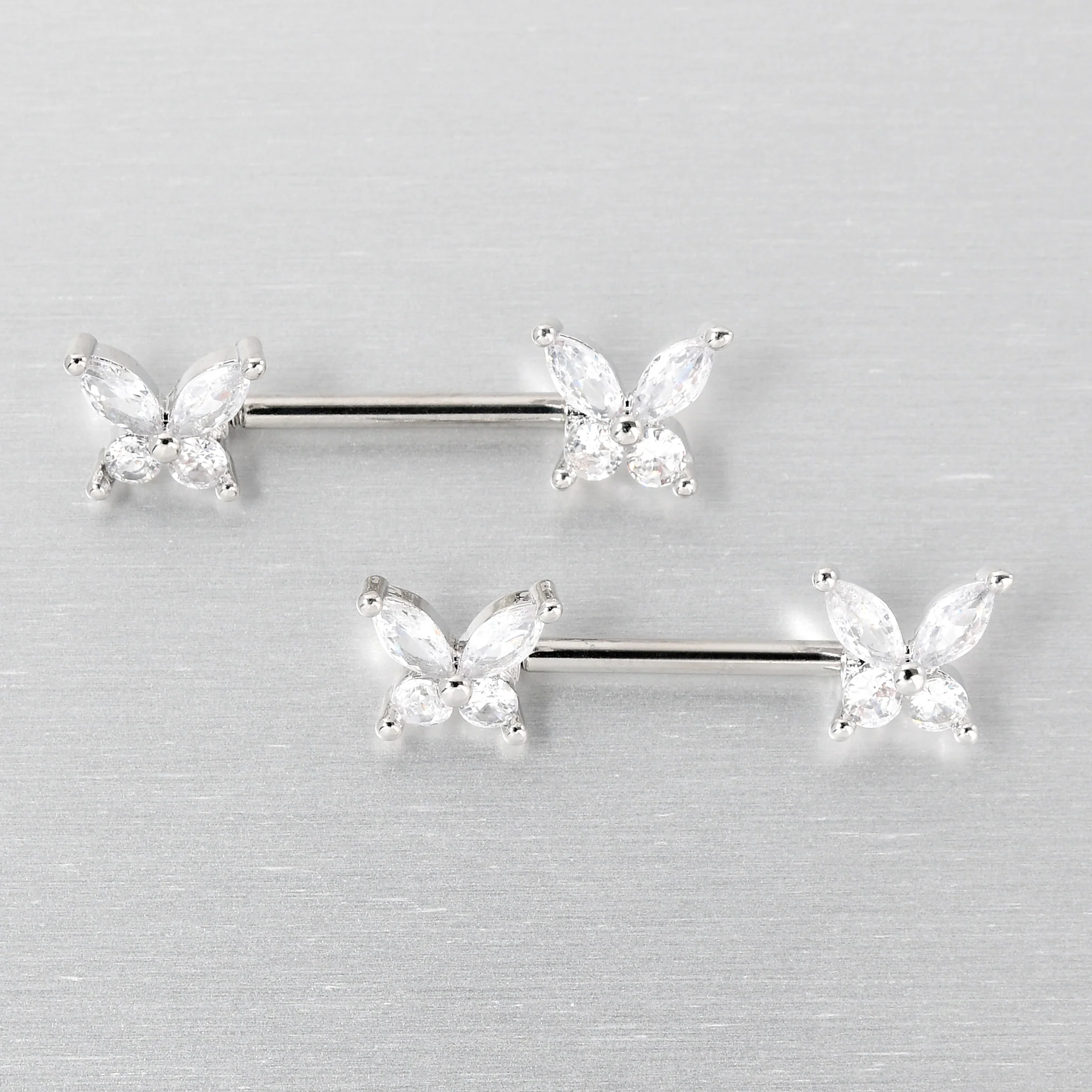 14G 9/16 Clear CZ Gem Butterflies Barbell Nipple Ring Set - Image 4