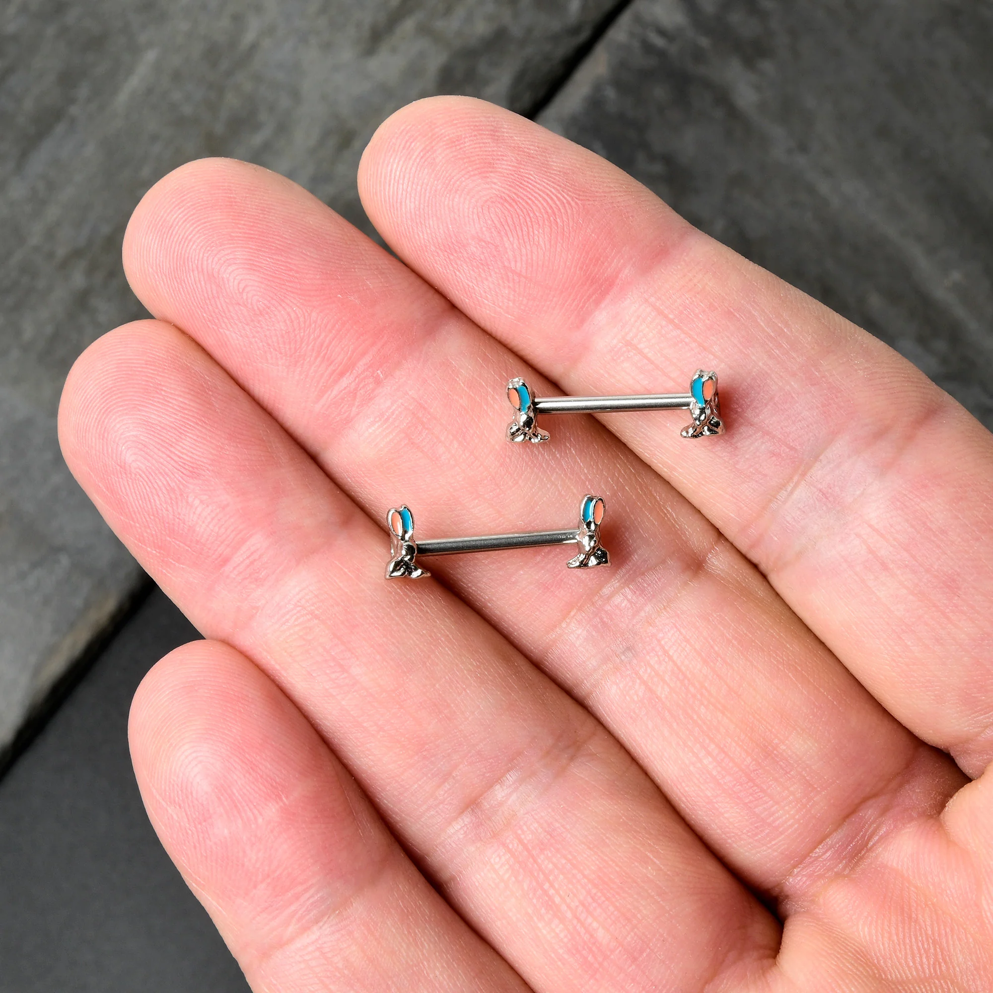 14G 9/16 Easter Bunny Blue Red Ears Barbell Nipple Ring Set - Image 6