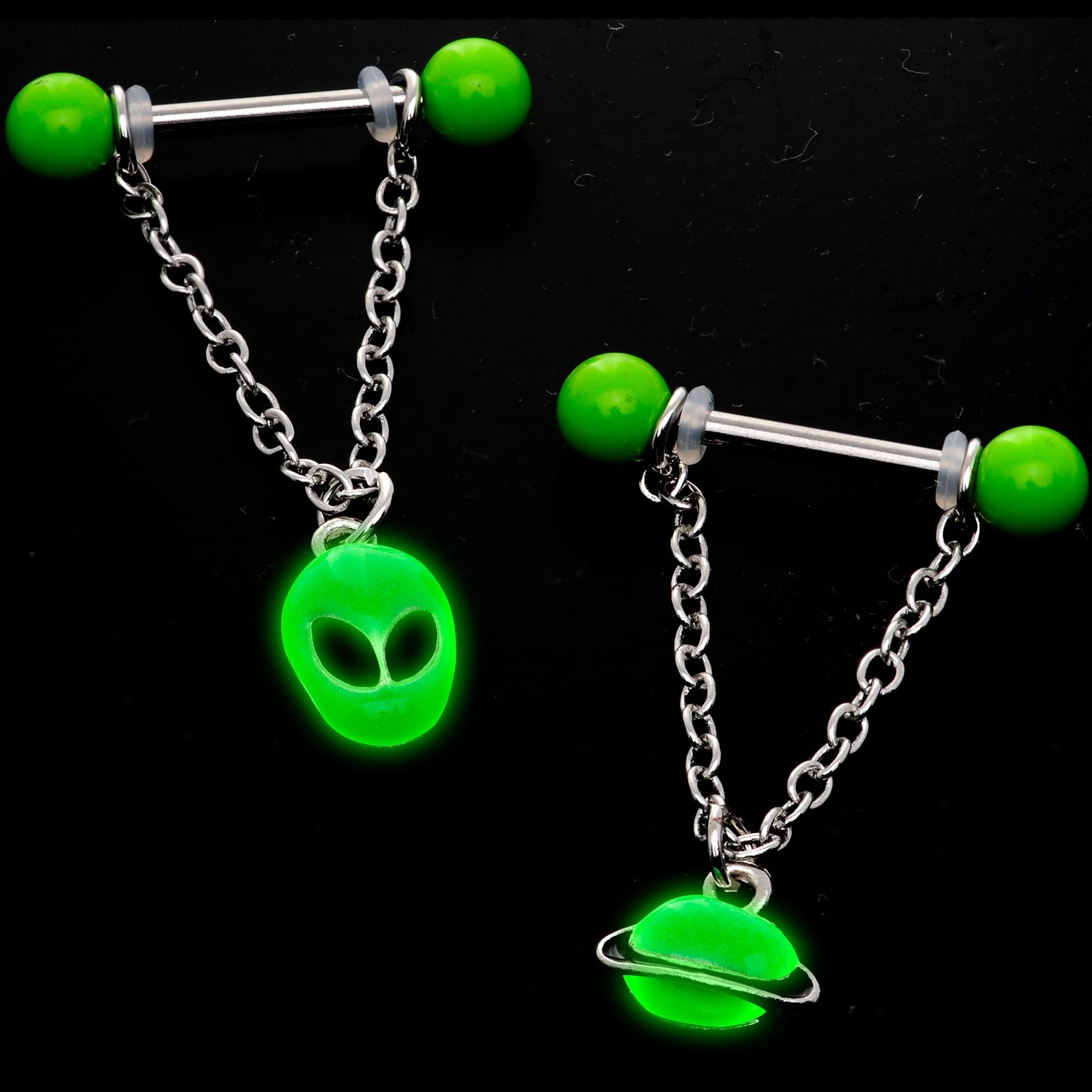14G 9/16 Glow Alien Saturn Dangle Barbell Nipple Ring Set - Image 4