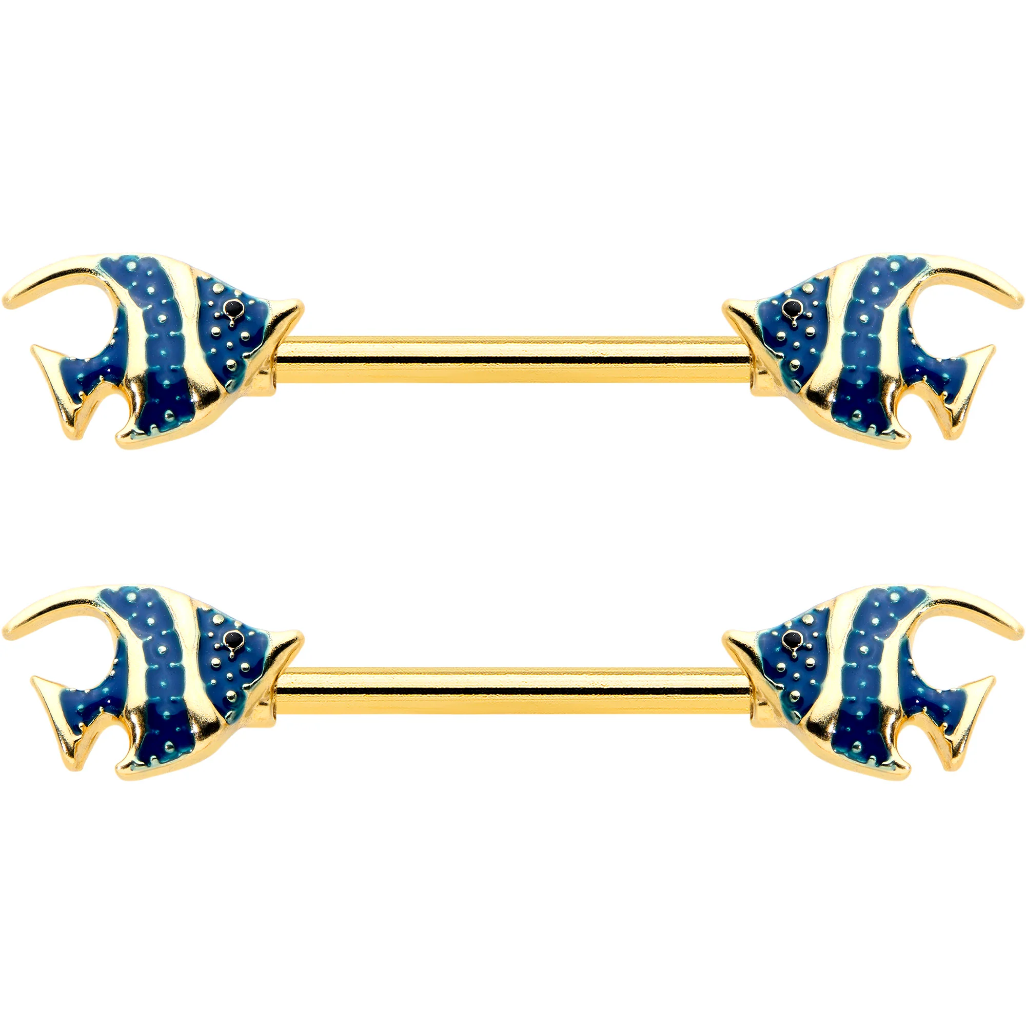 14G 9/16 Gold Tone Blue Stripe Adorable Angelfish Nipple Ring Set - Image 2