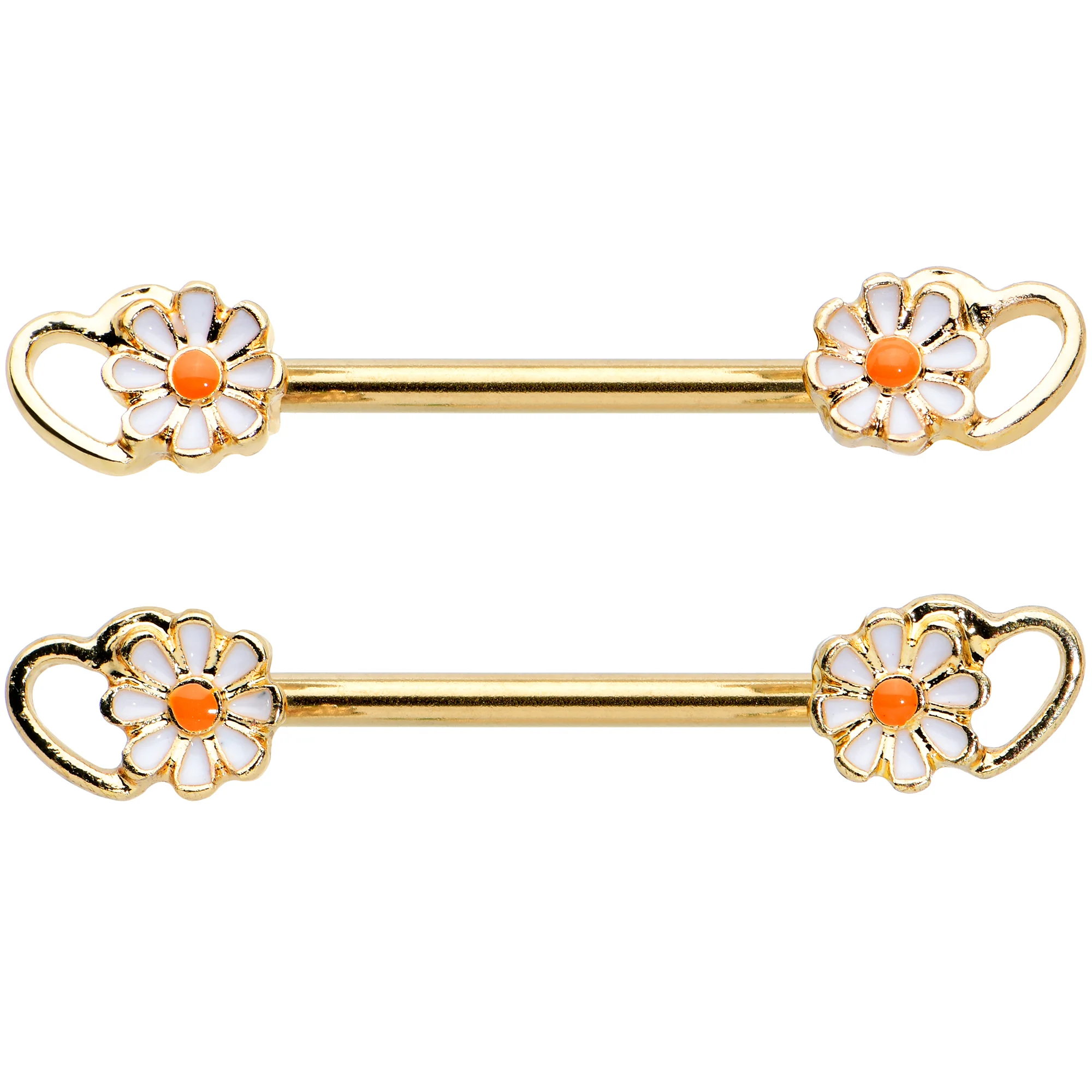 14G 9/16 Gold Tone Daisy Flower Heart Barbell Nipple Ring Set - Image 2