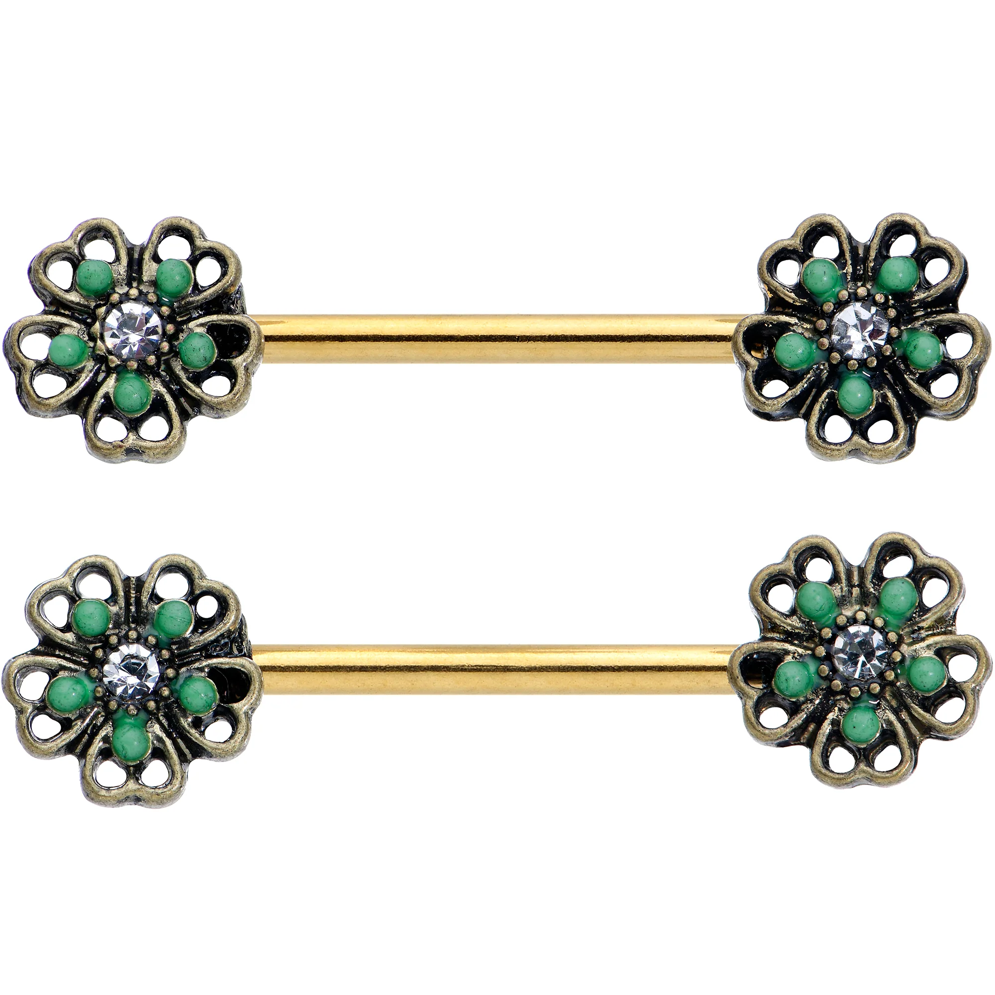 14G 9/16 Gold Tone Green Flower St Patricks Day Nipple Ring Set - Image 2
