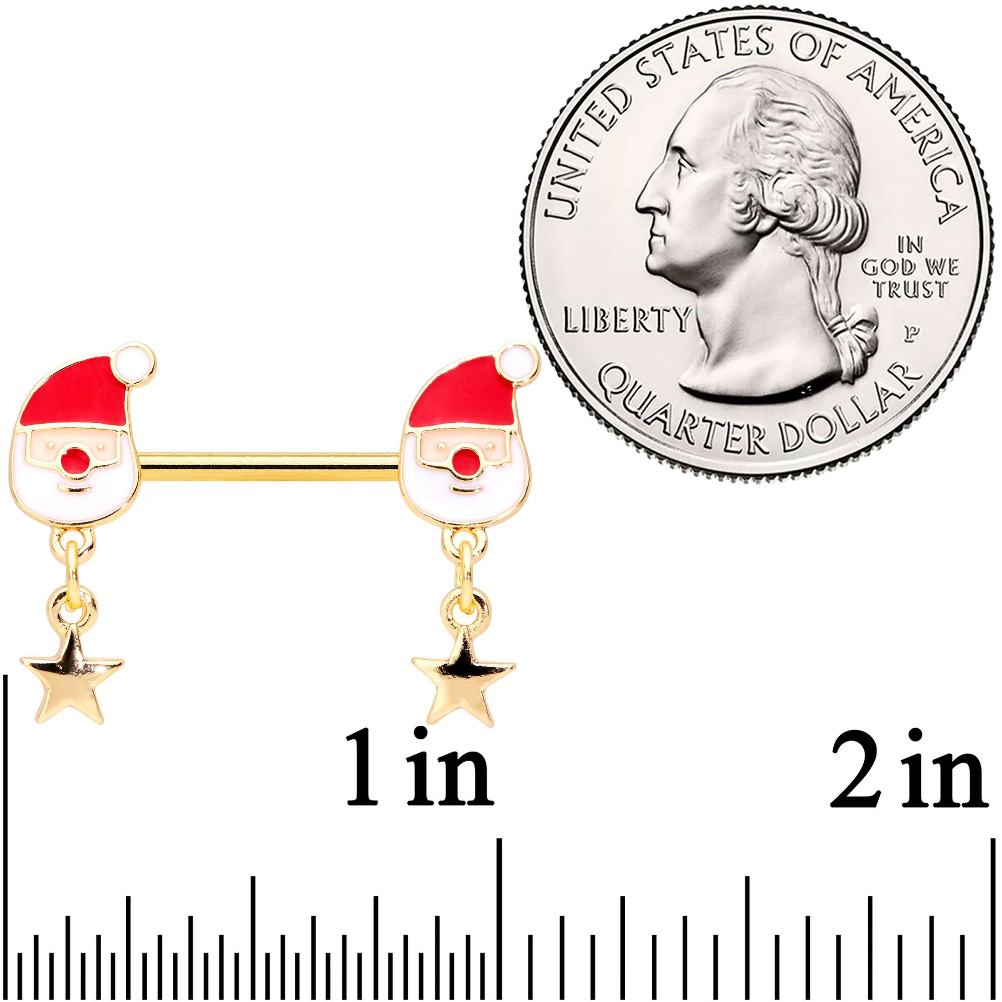 14G 9/16 Gold Tone Santa Star Christmas Dangle Nipple Ring Set - Image 2