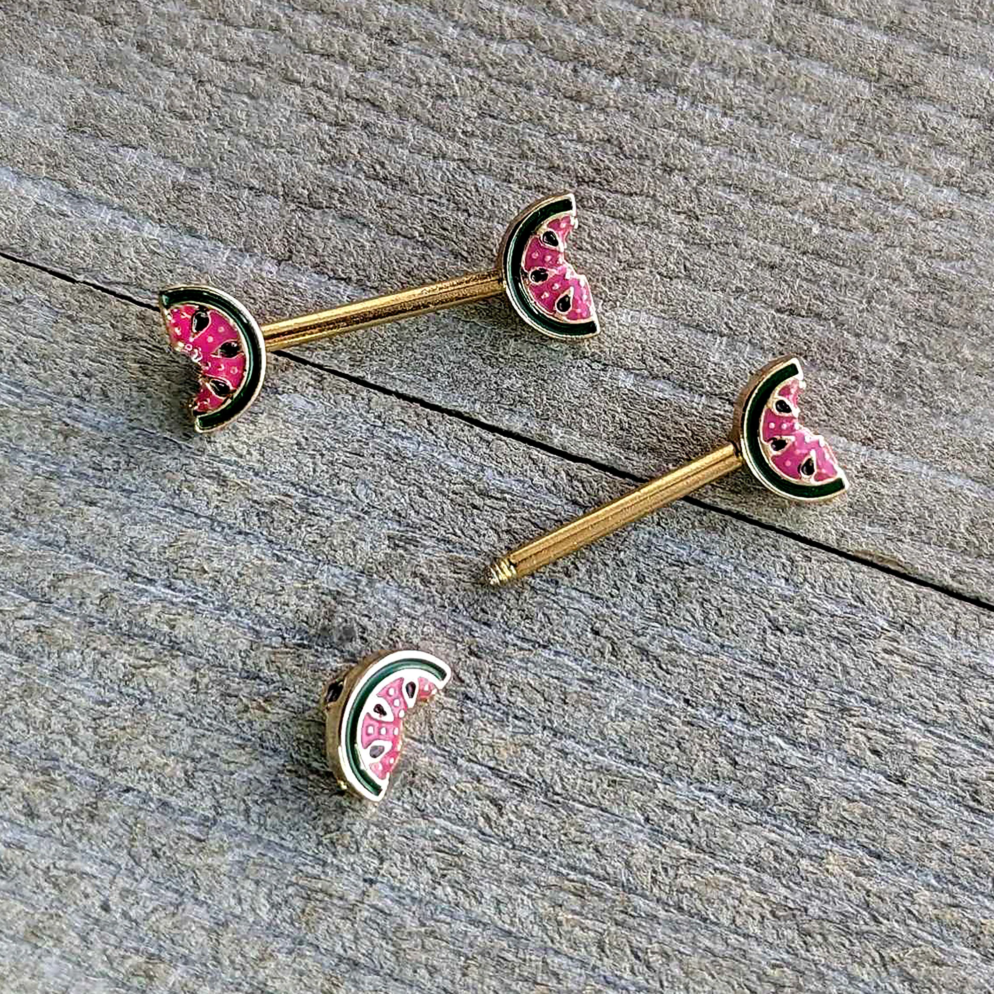 14G 9/16 Gold Tone Watermelon Bite Barbell Nipple Ring Set - Image 5