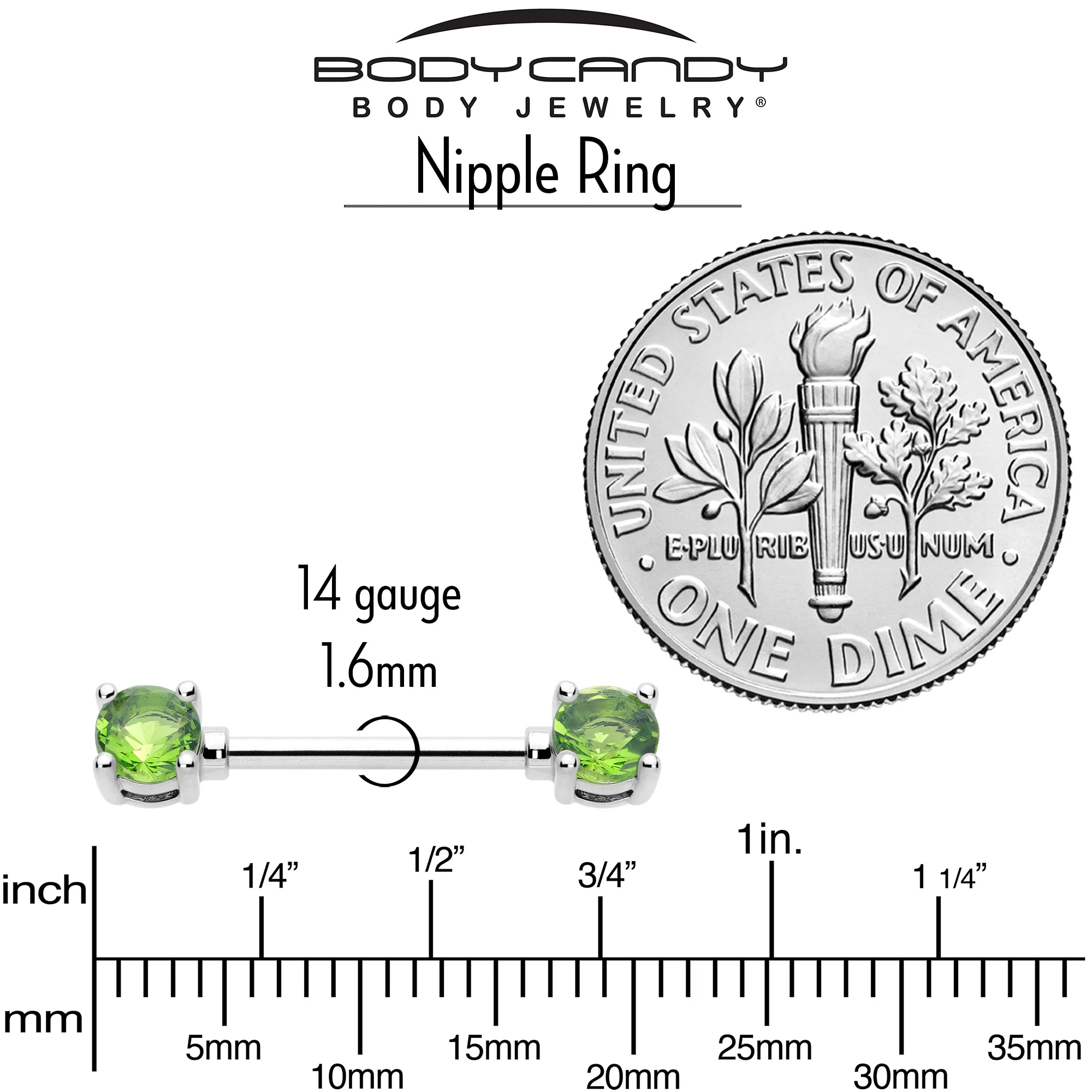 14G 9/16 Green CZ Gem August Birthstone Nipple Ring Set - Image 5