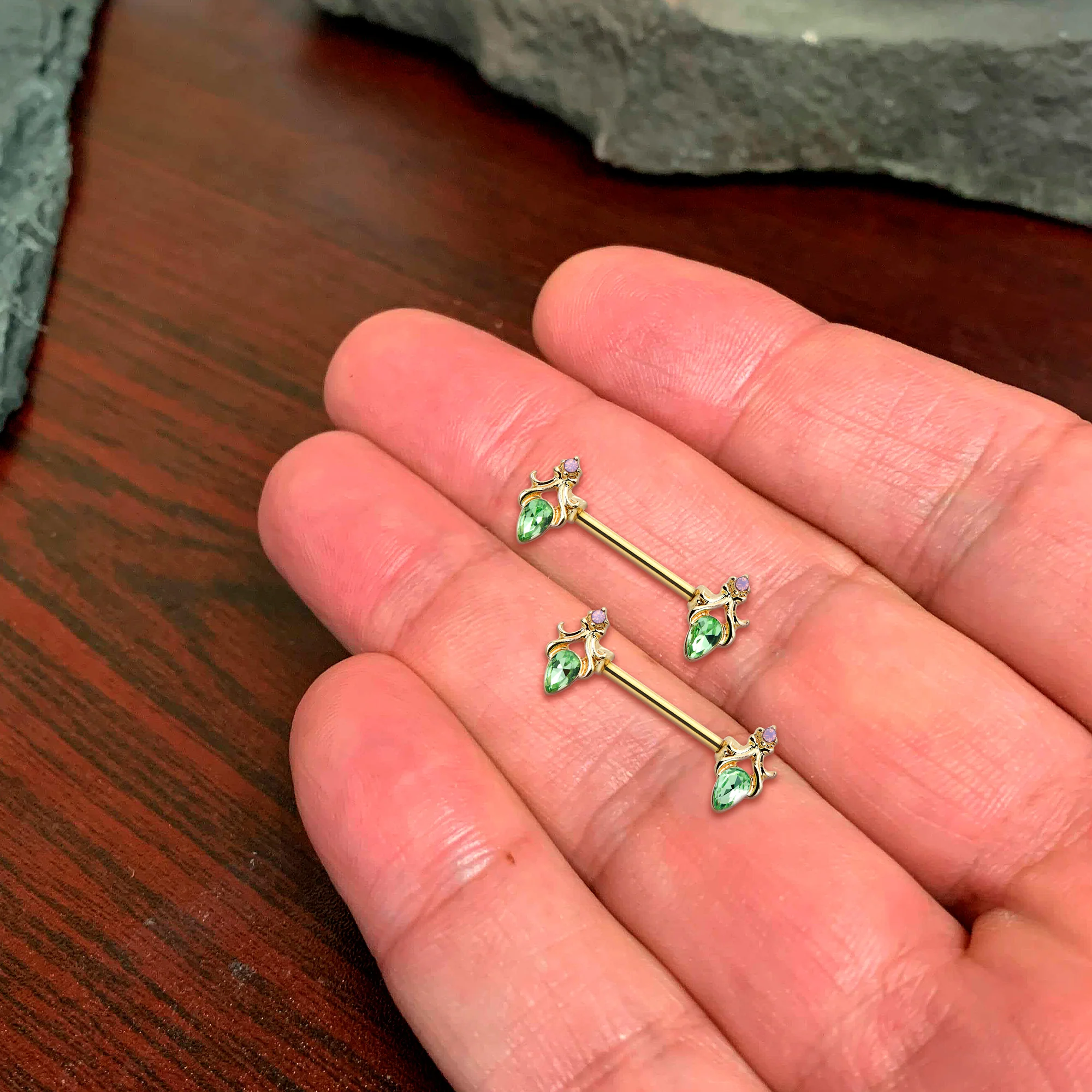 14G 9/16 Green Gem Gold Hue Spring Shades Barbell Nipple Ring Set - Image 2