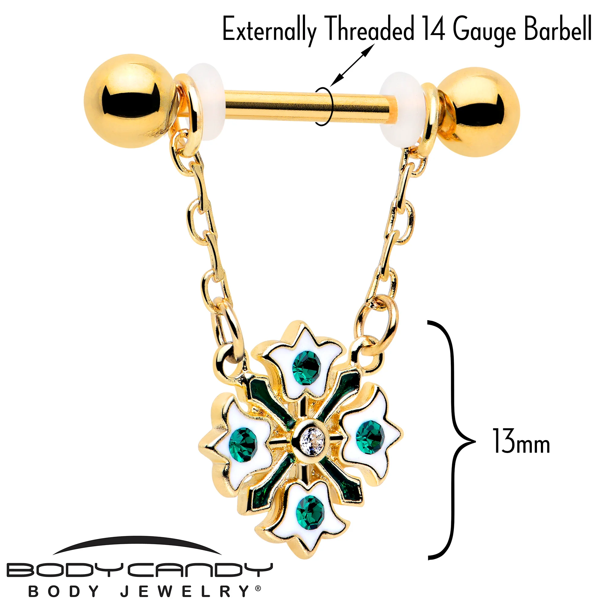 14G 9/16 Green Gem Gold Tone Flower Wreath Dangle Nipple Ring Set - Image 3