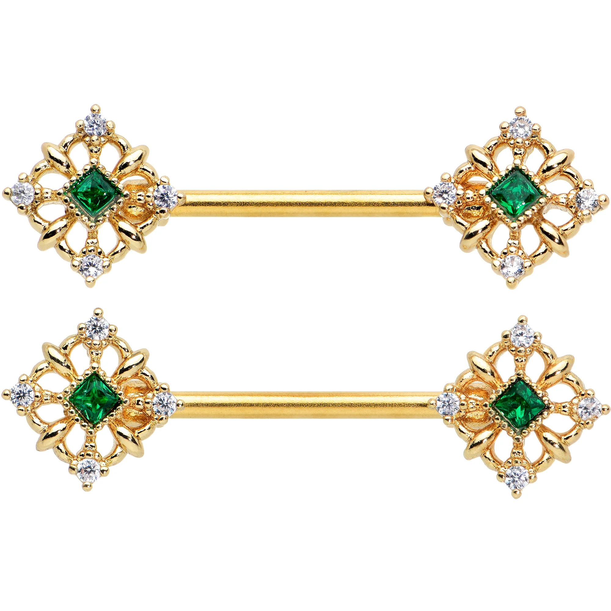 14G 9/16 Green Gem Gold Tone Noble Square Barbell Nipple Ring Set - Image 2