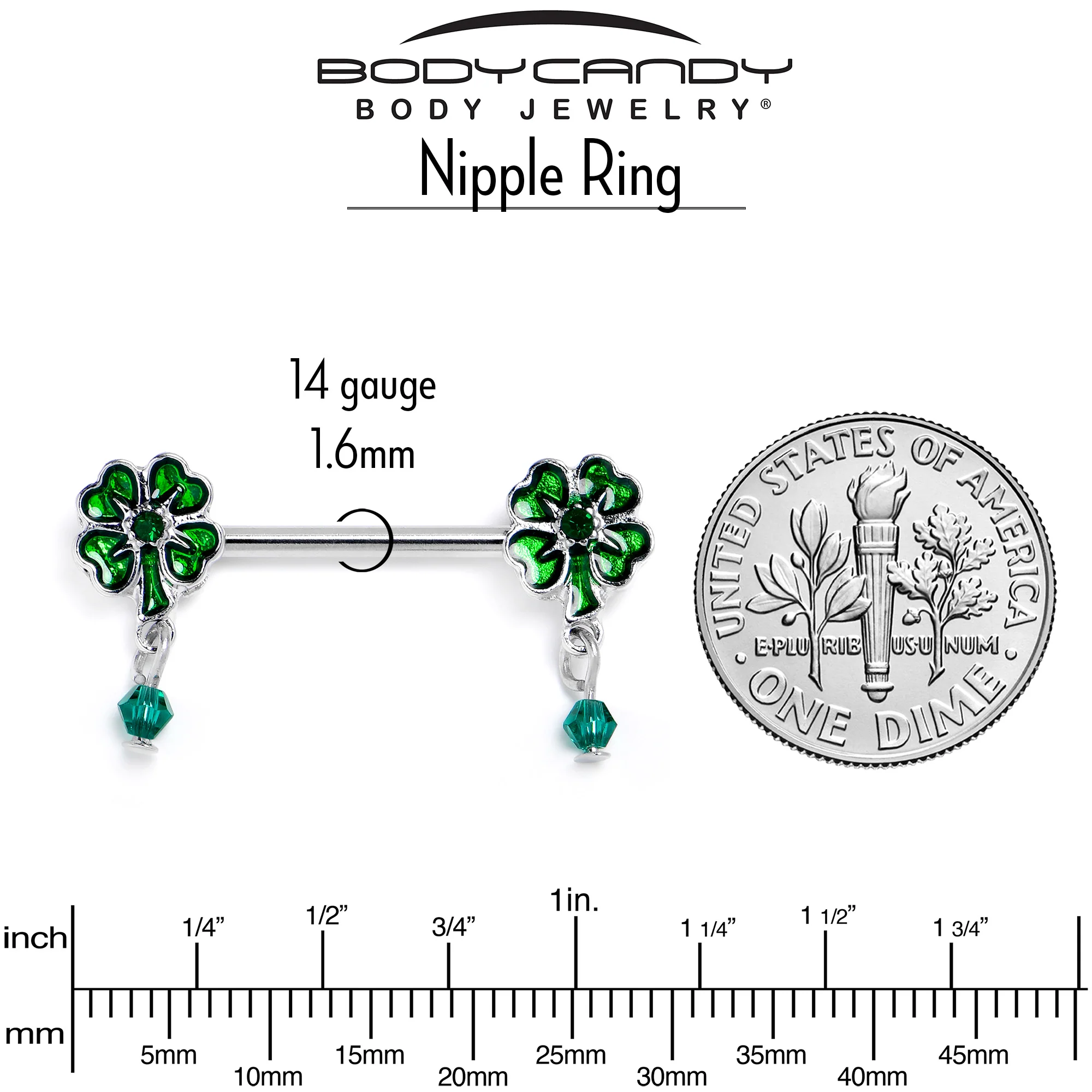 14G 9/16 Green Gem Shamrock Glam St Patricks Dangle Nipple Ring Set - Image 7