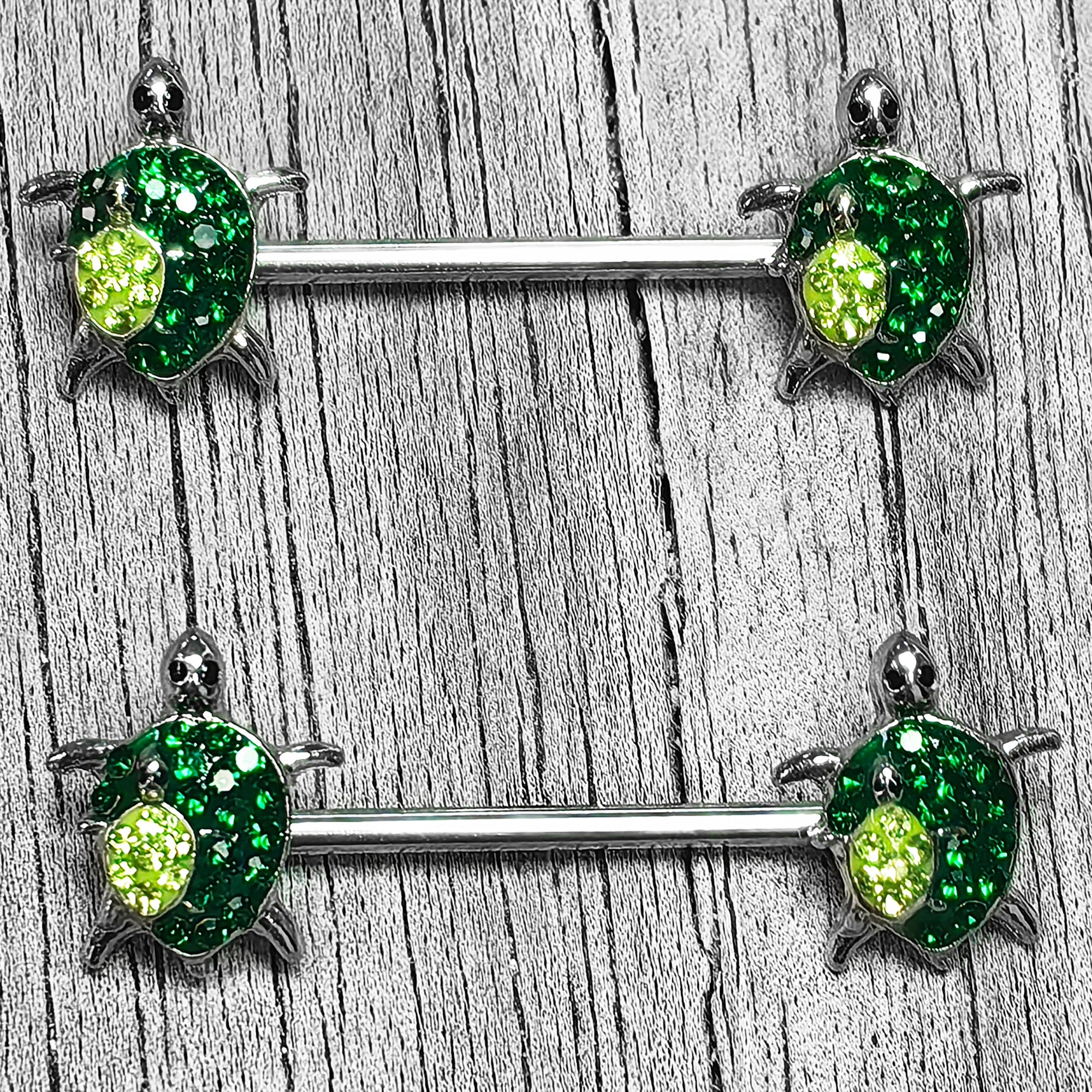 14G 9/16 Green Gem Turtle World Barbell Nipple Ring Set - Image 2
