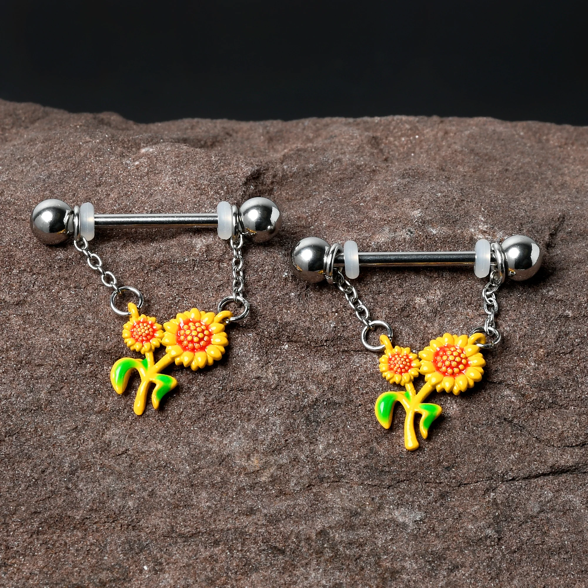 14G 9/16 Happy Sunflower Duo Chain Dangle Nipple Ring Set - Image 2