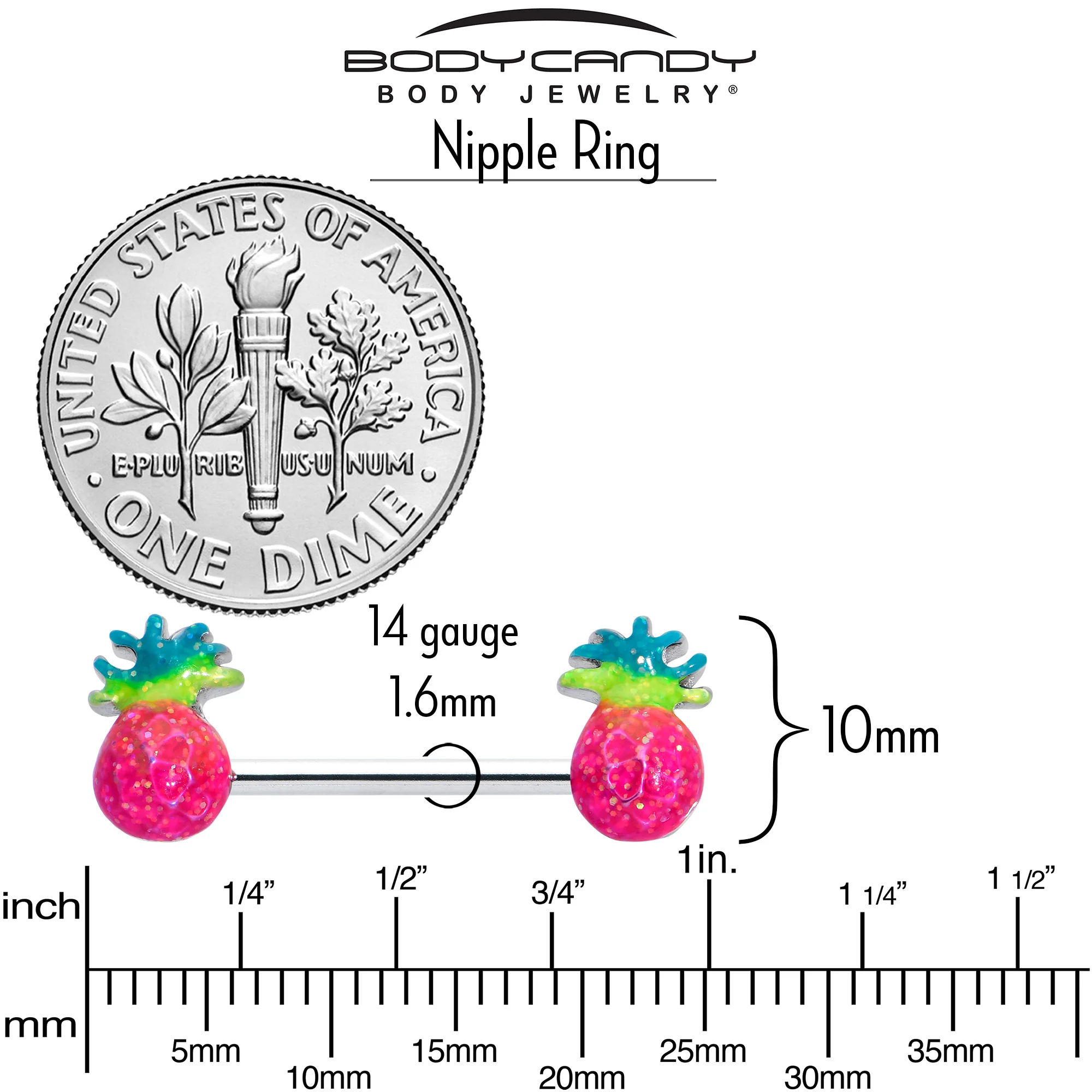 14G 9/16 Hot Tropical Pineapple Barbell Nipple Ring Set - Image 7