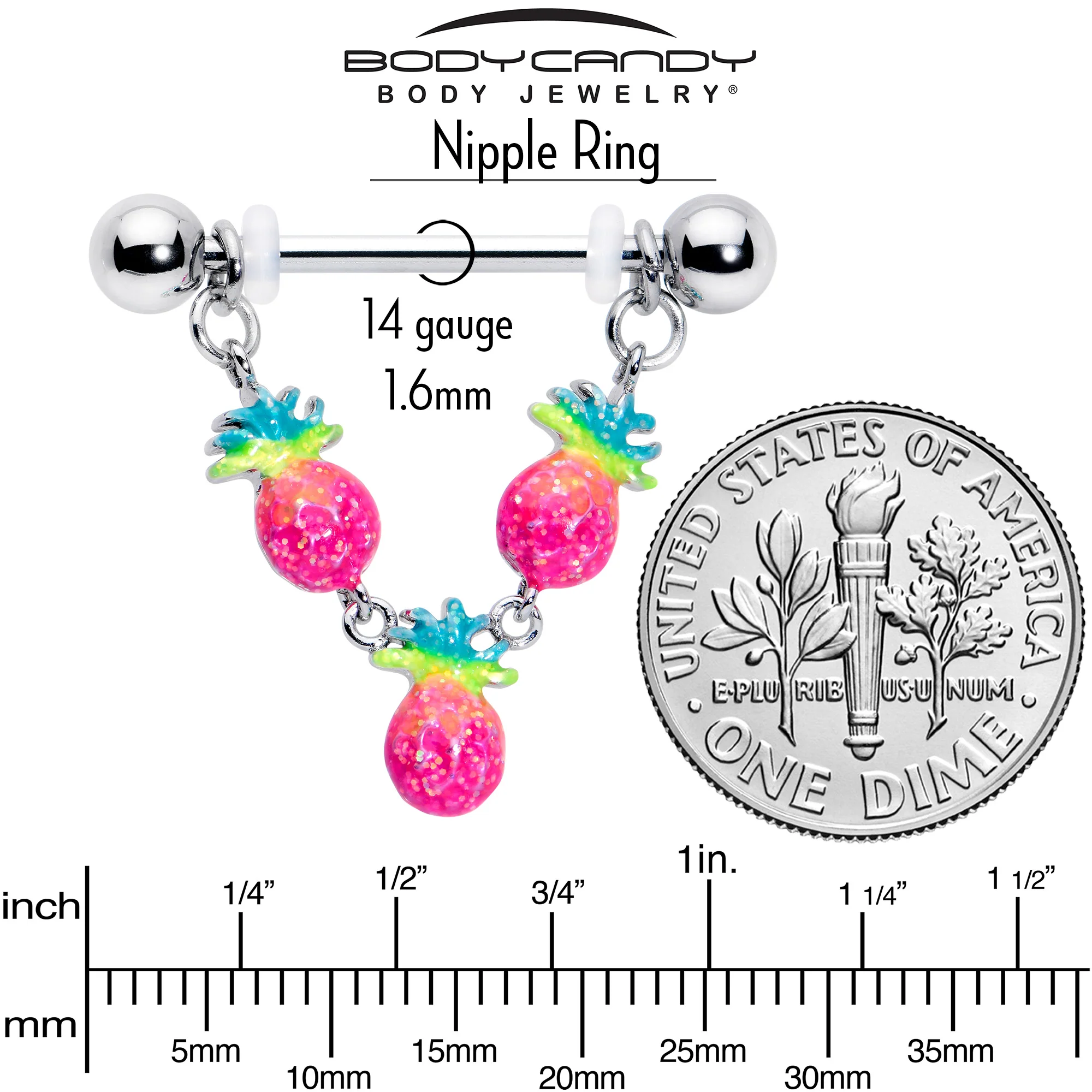 14G 9/16 Hot Tropical Pineapple Dangle Barbell Nipple Ring Set - Image 7