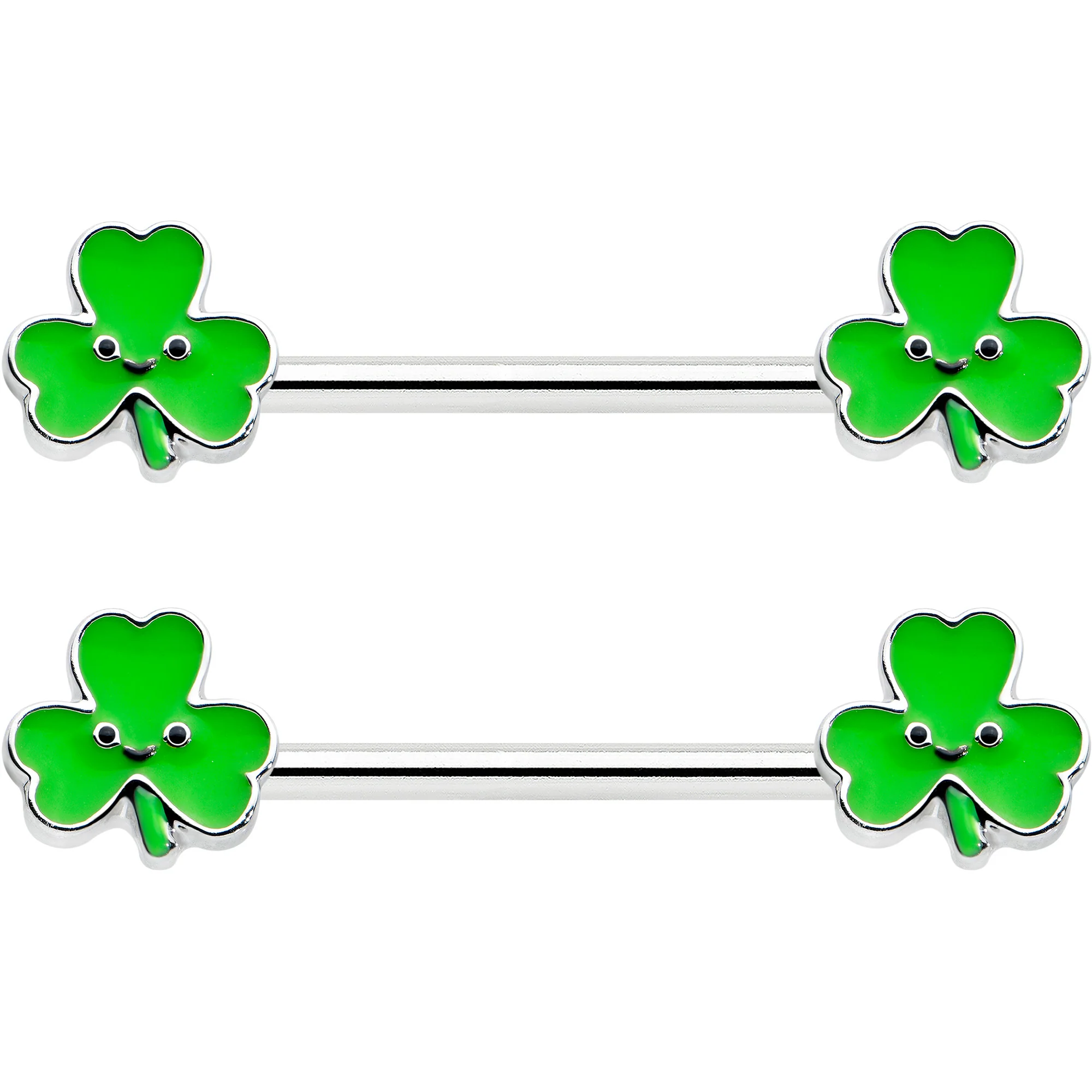 14G 9/16 Kawaii Smile Shamrock St Patricks Barbell Nipple Ring Set - Image 2