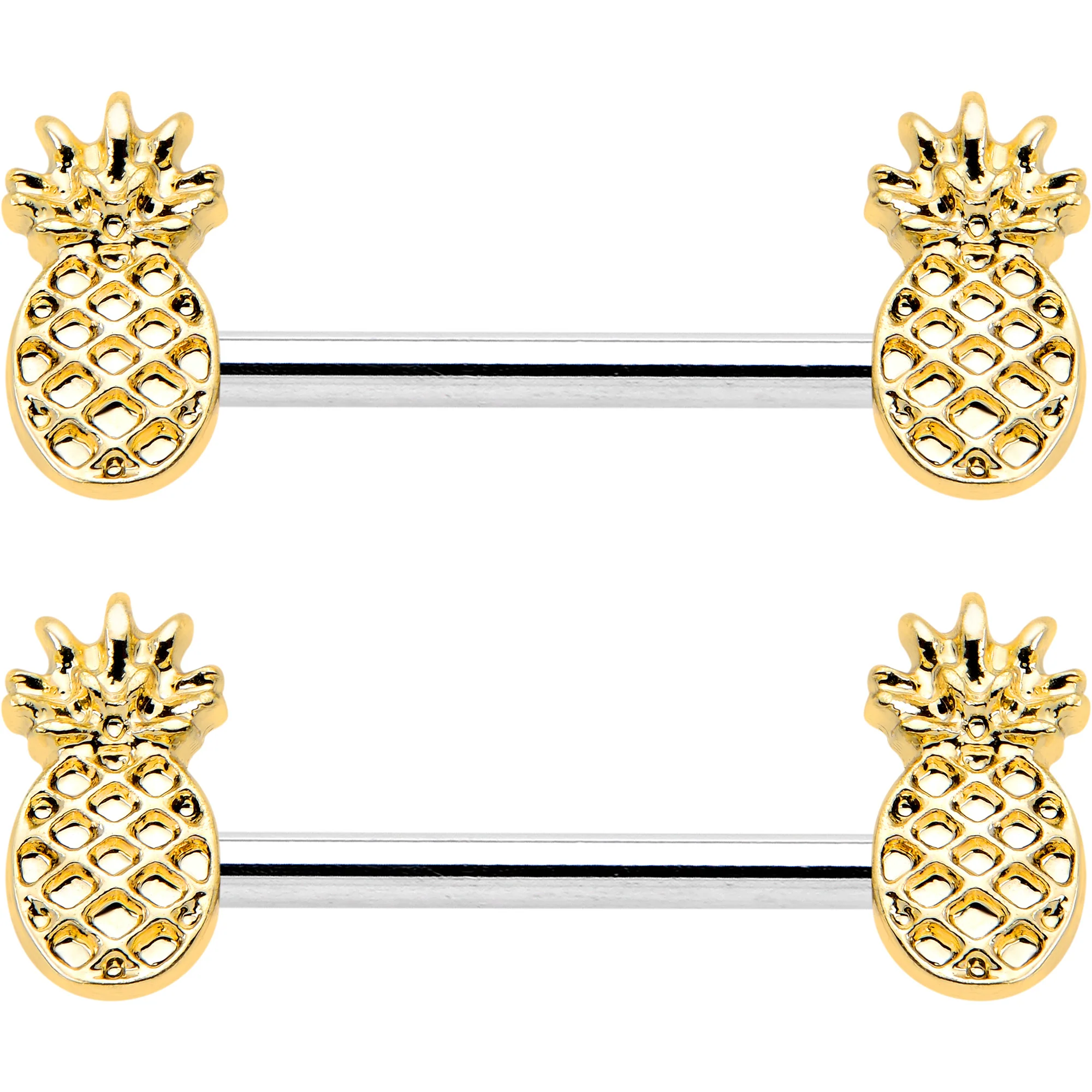 14G 9/16 Lacy Golden Pineapples Barbell Nipple Ring Set - Image 2