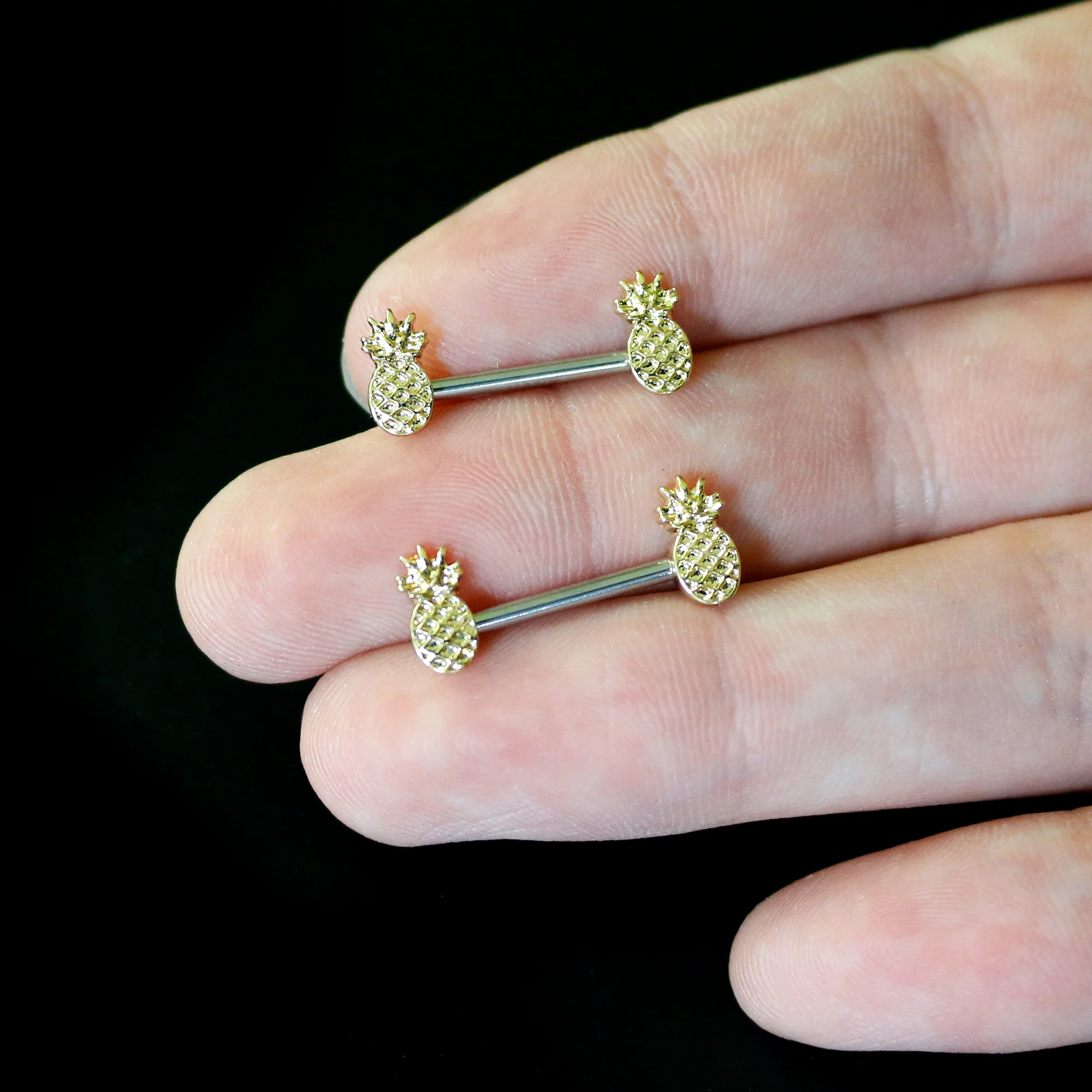 14G 9/16 Lacy Golden Pineapples Barbell Nipple Ring Set - Image 5