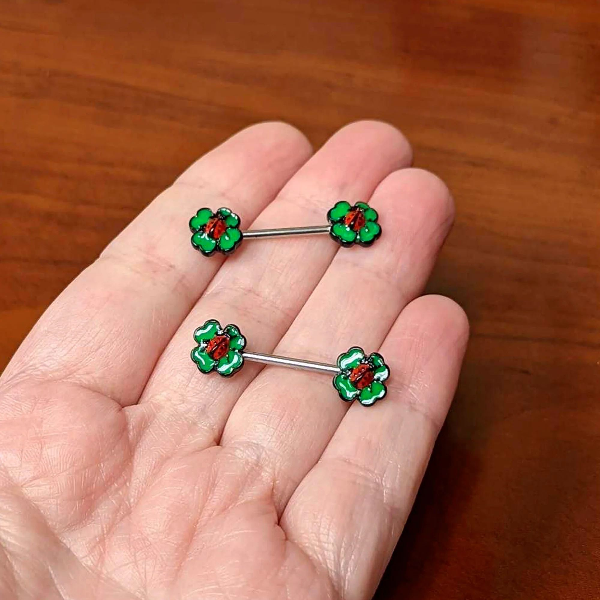 14G 9/16 Ladybug Shamrock St Patricks Day Barbell Nipple Ring Set - Image 4