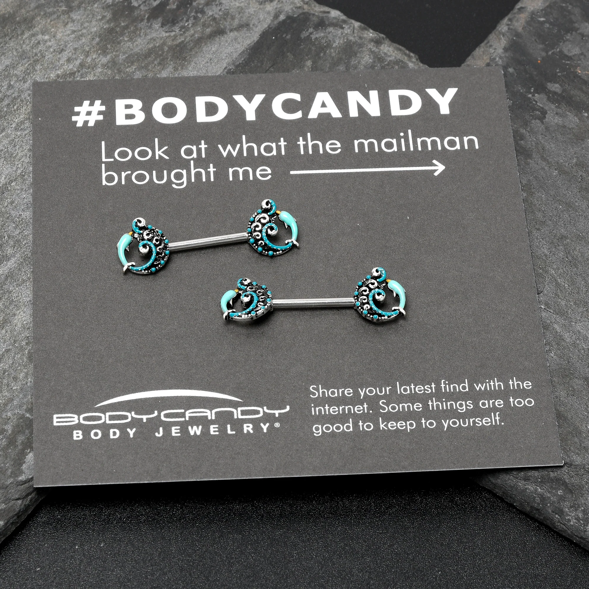 14G 9/16 Leaping Blue Dolphin Barbell Nipple Ring Set - Image 7