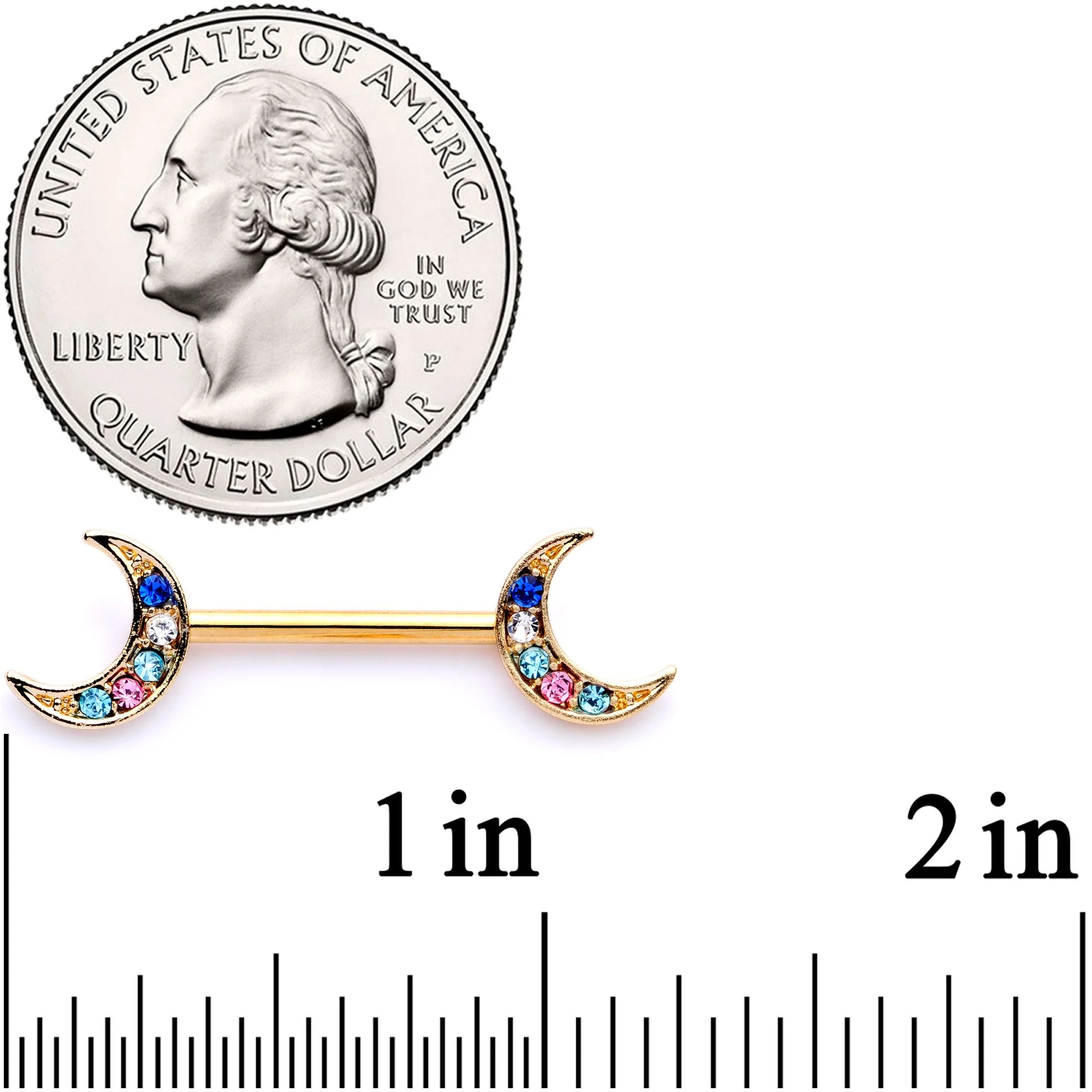 14G 9/16 Multicolor Gem Gold Tone Moon Barbell Nipple Set - Image 2